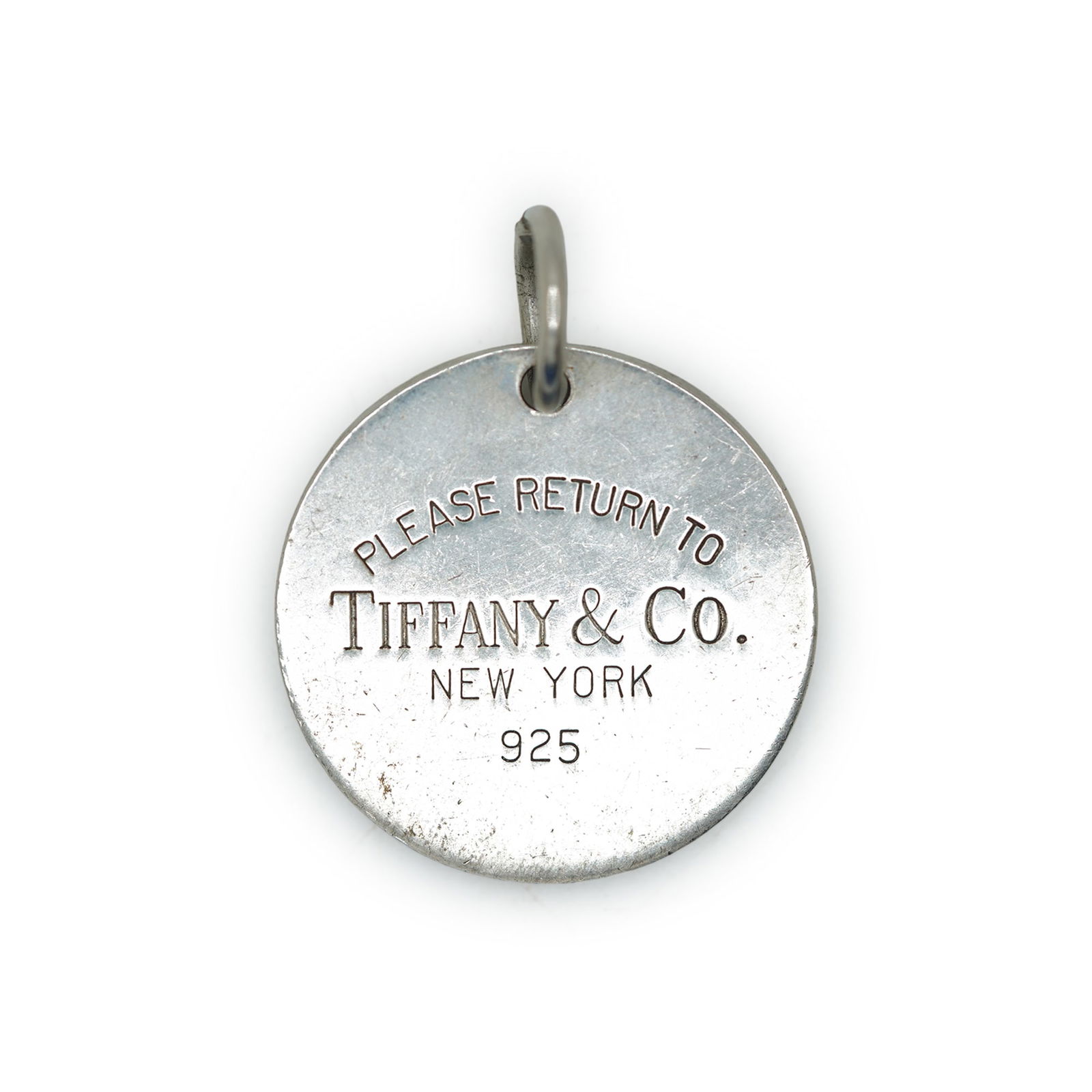 TIFFANY & CO .925 Sterling Silver Charm "Please Return to Tiffany & Co .925 New York", 1 in. dia.: TIFFANY & CO .925 Sterling Silver Charm "Please Return to Tiffany & Co .925 New York", 1 in. dia.