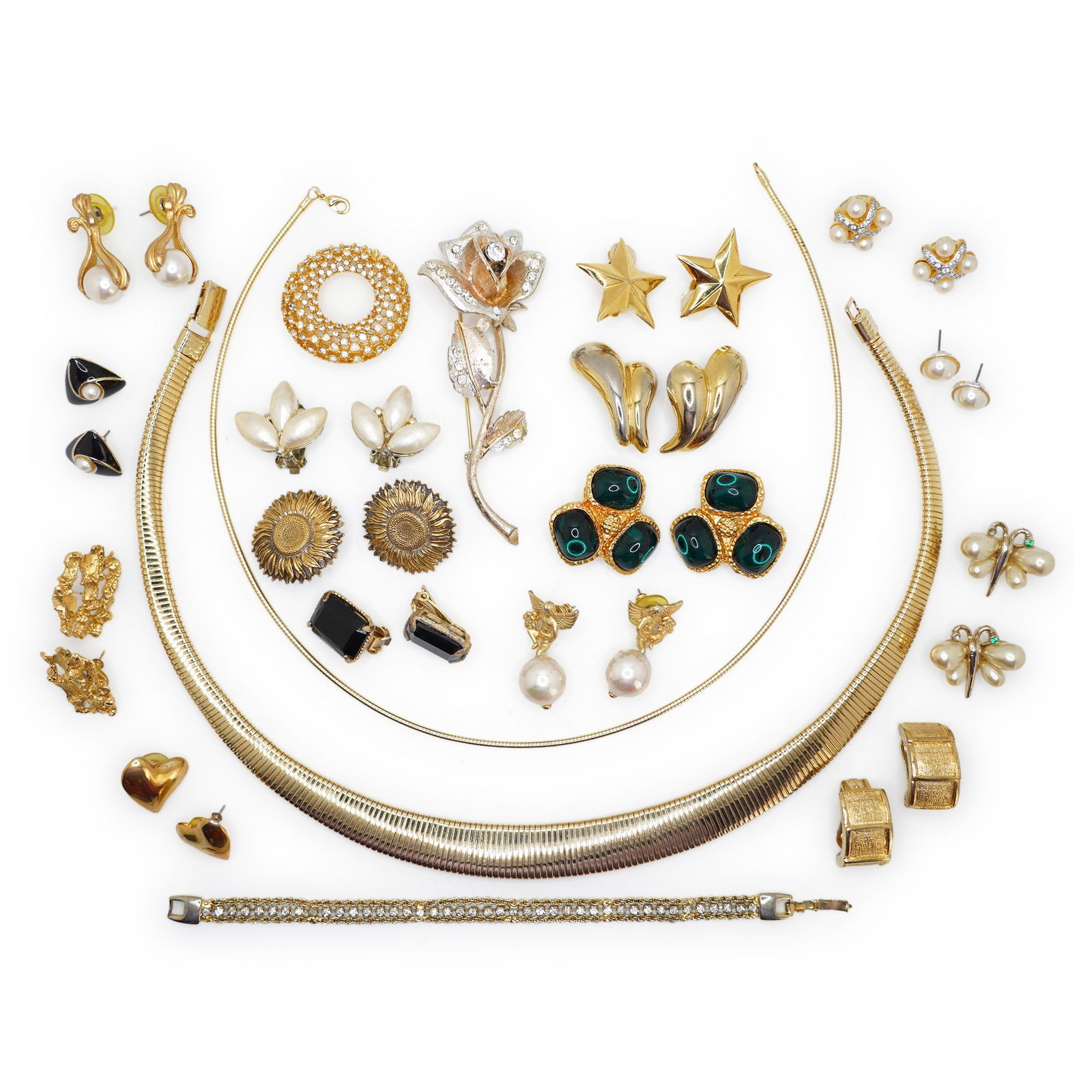 35 Pc. Lot: 14 Pairs Costume Fashion Jewelry Earrings, 2 Necklaces, 1 Bracelet, 4 Pins (1 of 20)