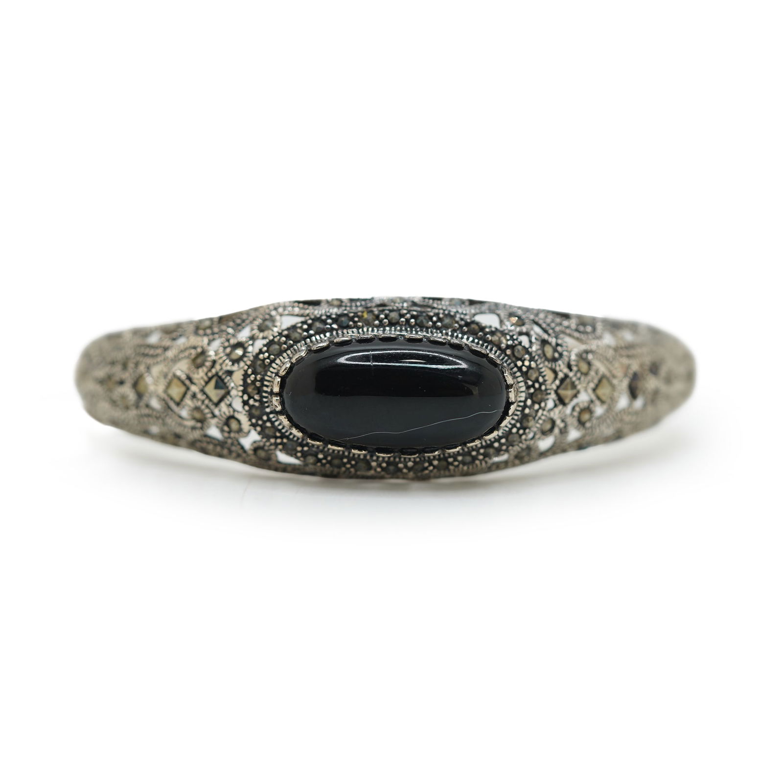 20.43 Grams Total Weight .925 Sterling Silver Filigree Bangle With Marcasites & Black Onyx: 20.43 Grams Total Weight .925 Sterling Silver Filigree Bangle With Marcasites & Black Onyx. Size: 2 1/2 in. x 2 5/8 in. x 3/4 in.