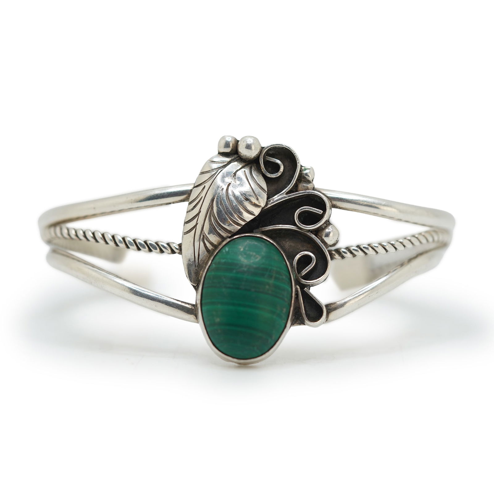 Native American Indian Sterling Silver Cuff Bracelet with Feather Design & Malachite Stone: Native American Indian Sterling Silver Cuff Bracelet with Feather Design & Malachite Stone ; size 2 in. x 2 1/2 in. x 1 1/4 in.