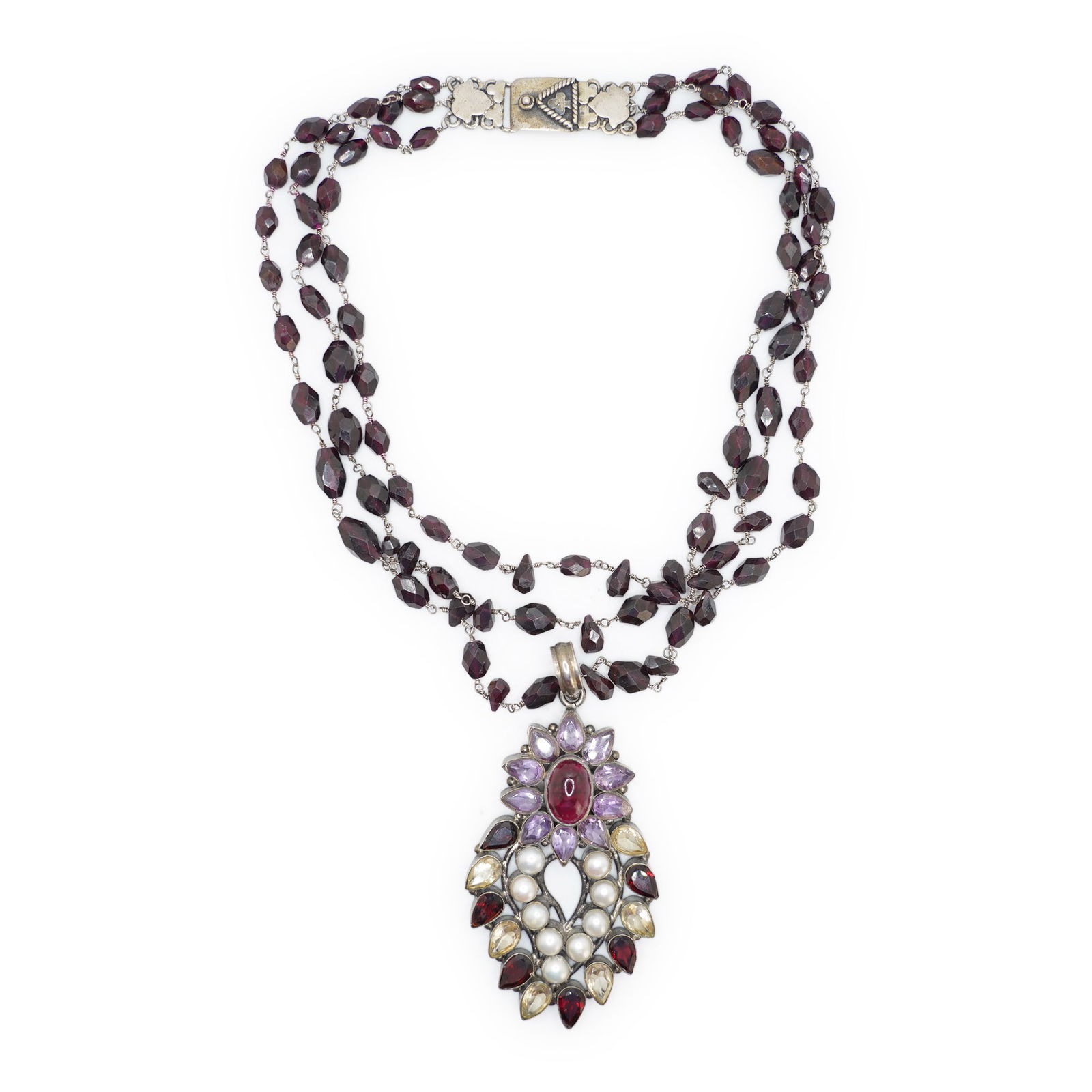 .925 Sterling Silver Clasp And Garnet Beads 3-Strand Necklace With Silver Pendant [not Sterling] (1 of 9)