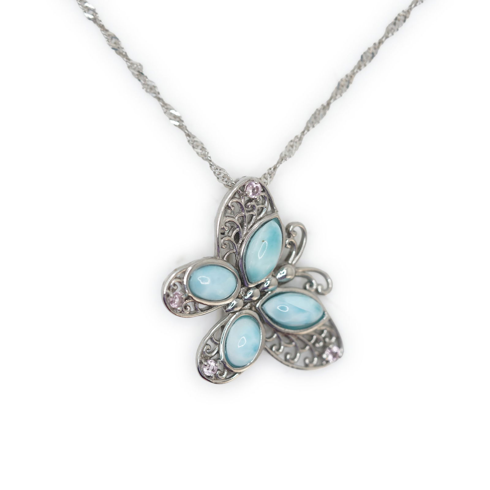 .925 Sterling Silver BBJ Larimar Butterfly Pendant Necklace on .925 Sterling BBJ 20 in. Chain (1 of 8)