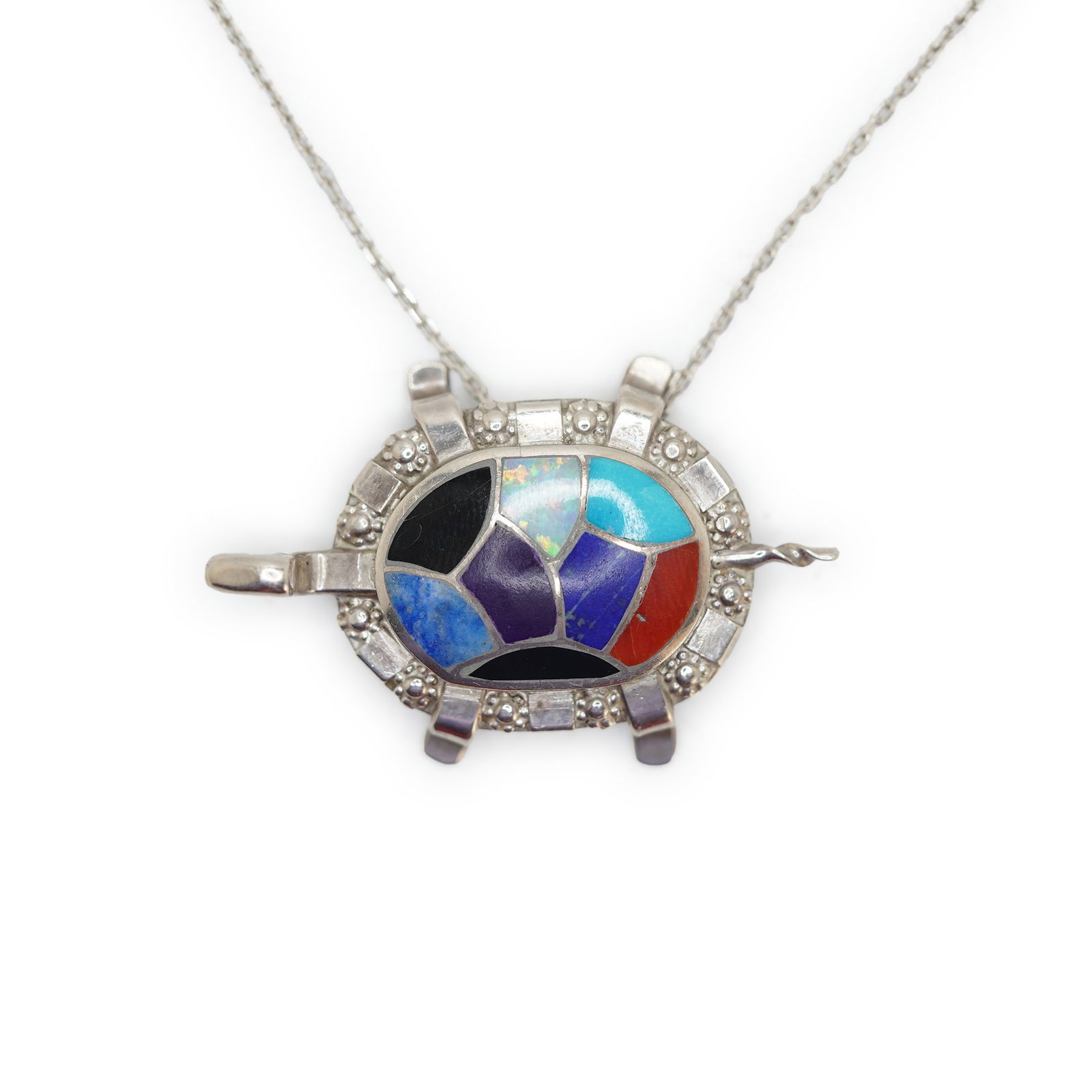 Sterling Silver Mosaic Turtle With Black Onyx, Coral, Turquoise, Opal, Amethyst, Lapis, Larimar: Sterling Silver Mosaic Turtle With Black Onyx, Coral, Turquoise, Opal, Amethyst, Lapis, Larimar Pendant [marked CHA100 WATI 5-15-1990] 1 5/8 in. x 1 in. Necklace on .925 Sterling 30 inch Chain.