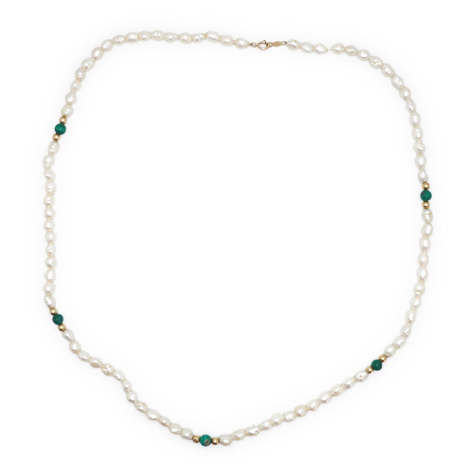14K Clasp and Bead Seed Pearls with Malachite Bead Spacers, 14K Bead Spacers Necklace: 14K Clasp and Bead Seed Pearls with Malachite Bead Spacers, 14K Bead Spacers Necklace 18 inches x 1/4 in.