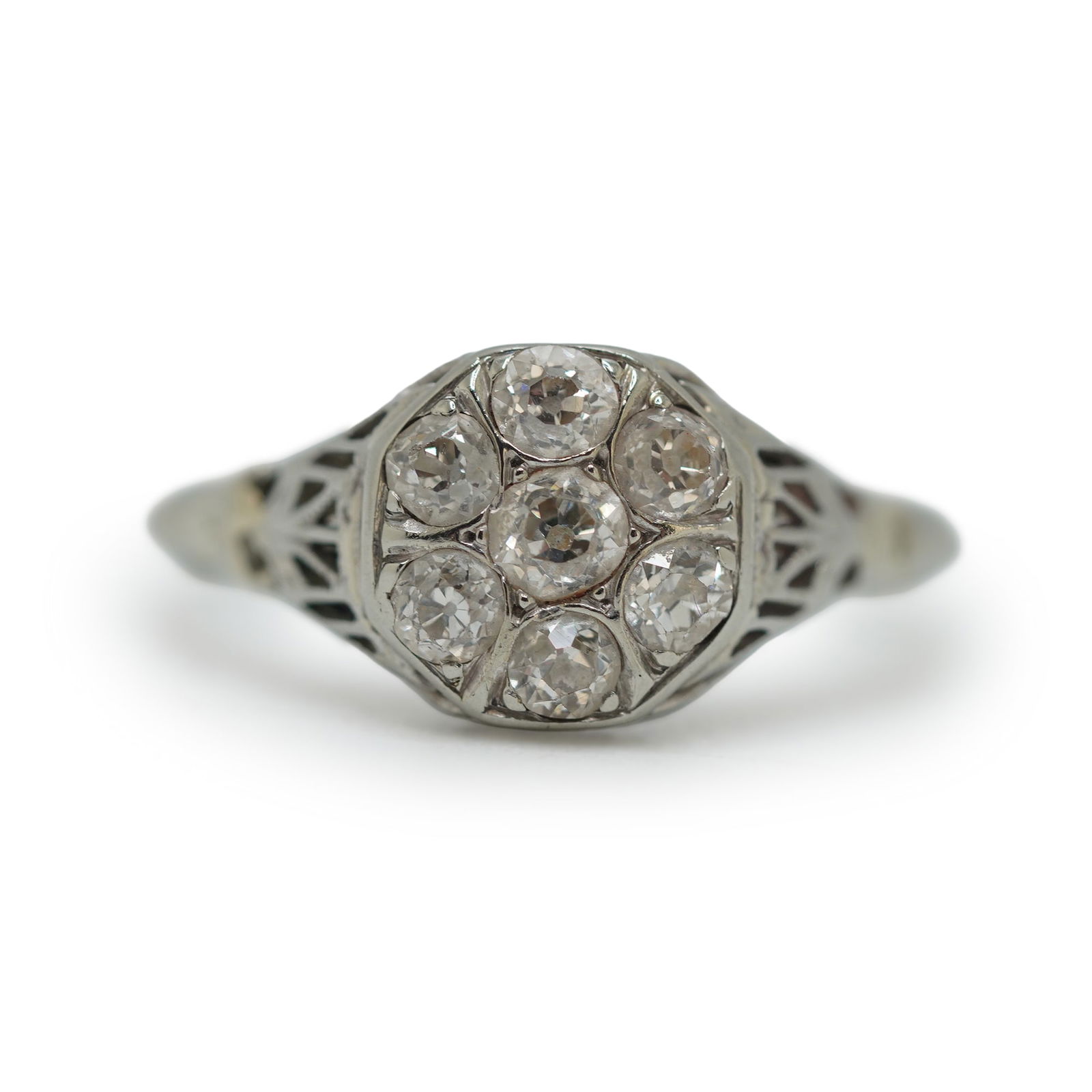 1.6 DWT, 14K Gold Victorian White Gold Filigree With 7 Diamonds Ring Size 5.5 . 3/4 in. x 3/8 in. (1 of 10)