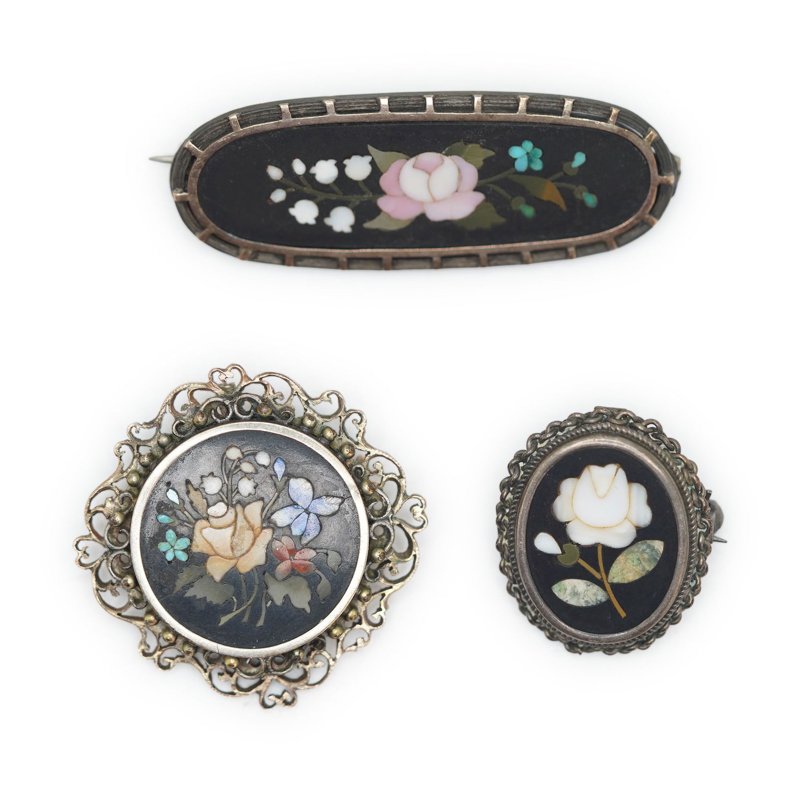 [3] Assorted Early Victorian 1800s PIETRA DORA Inlaid Pins: Marked 800 Rose; Orange & Rose; (1 of 9)
