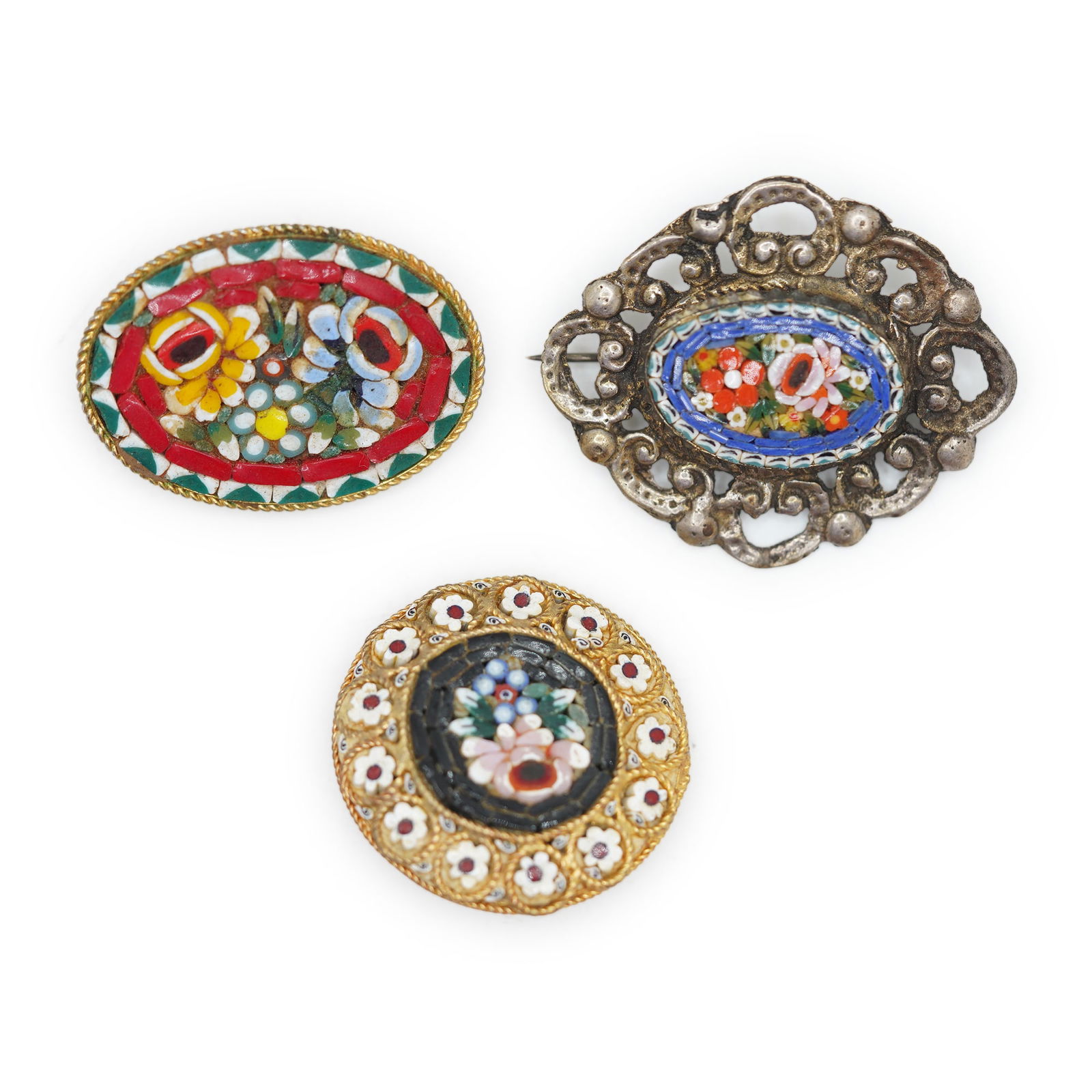 [3] Assorted Antique MICRO MOSAIC Pins: Oval with Red Center; Flower Border with Black Center; (1 of 8)