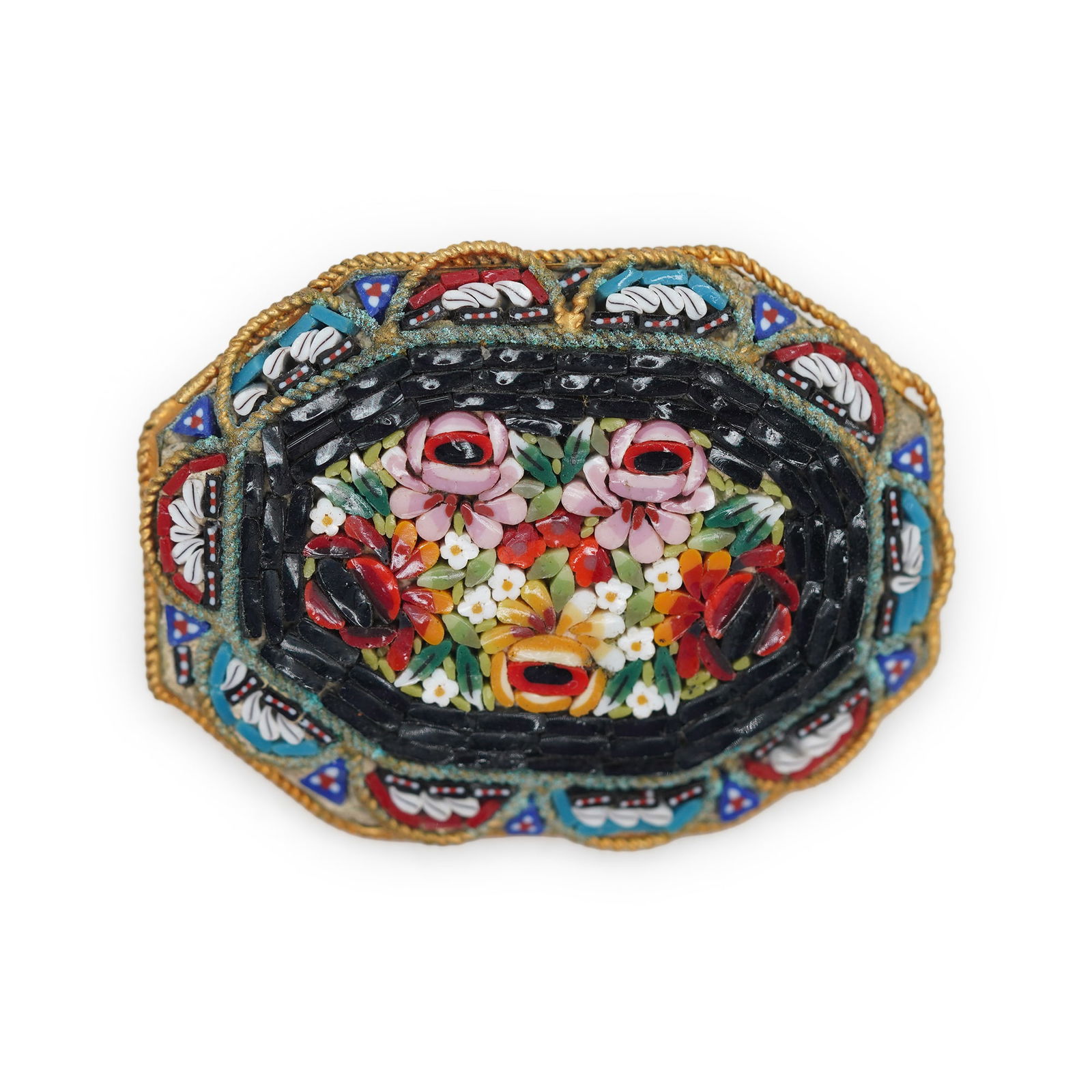 Large Antique MICRO MOSAIC Pin, Pinks, Blues, Black Center and Floral Border 1 7/8 in. x 1 1/2 in. (1 of 7)