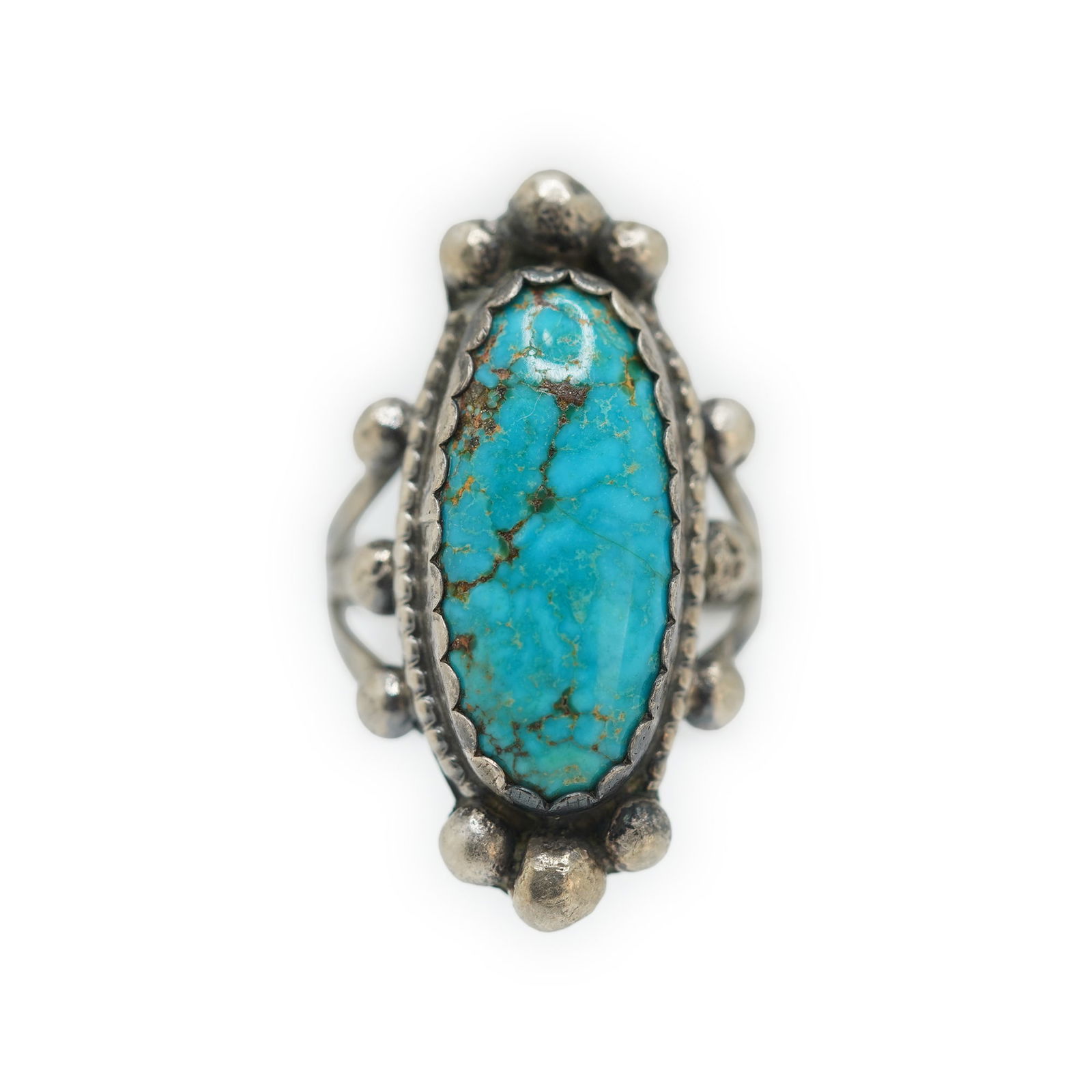Sterling Silver GD Native American Indian Turquoise Ring Size 5, Large Beading , 7/8 in. x 1 1/2 in. (1 of 7)