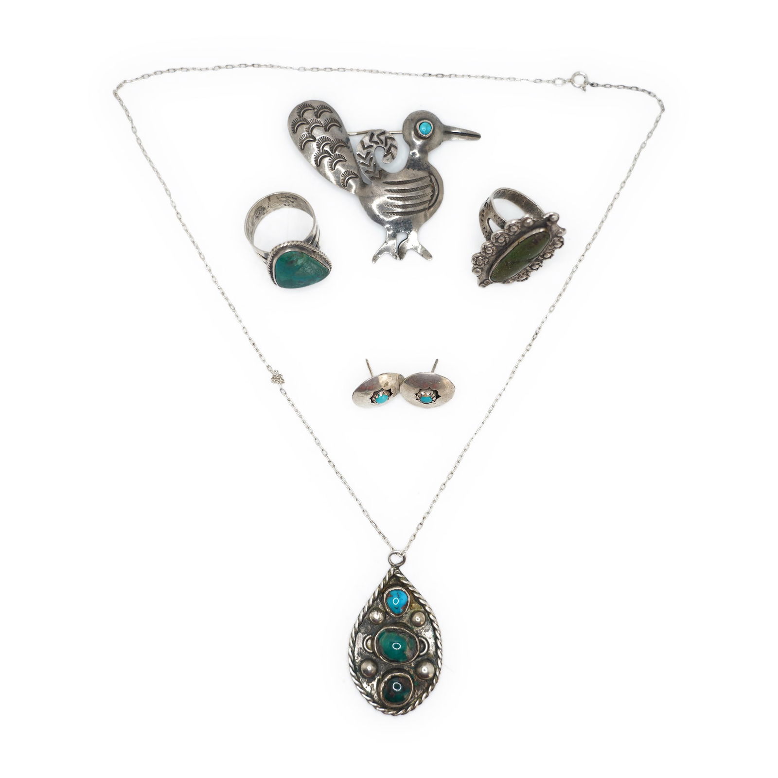 7 Pieces Native American Indian : Pendant with Turquoise Stone Necklace on Sterling 18 in. Chain; (1 of 18)