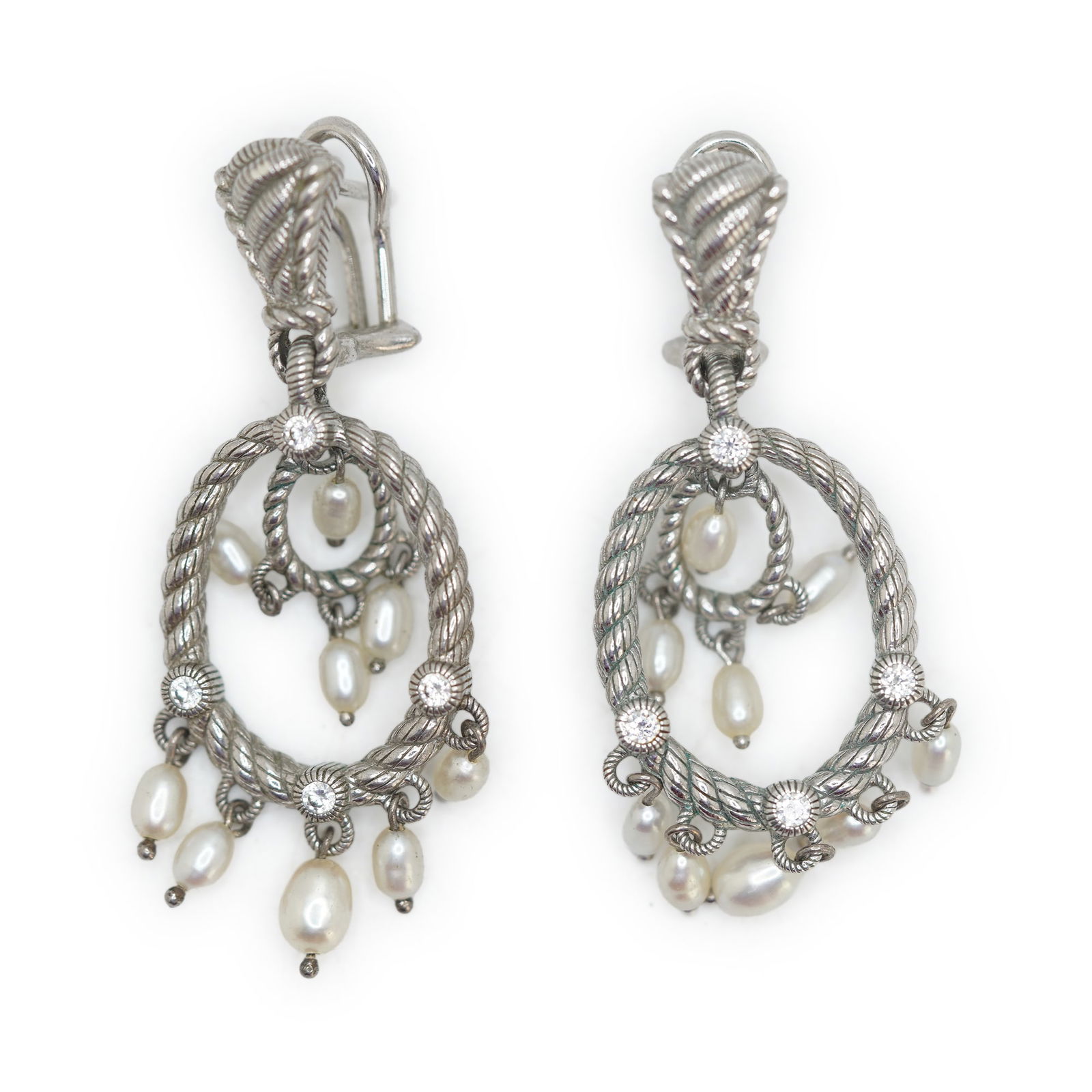 JUDITH RIPKA .925 Sterling Silver CZ with Freshwater Pearls Drop Earrings 2 1/8 in. x 3/4 in. (1 of 7)