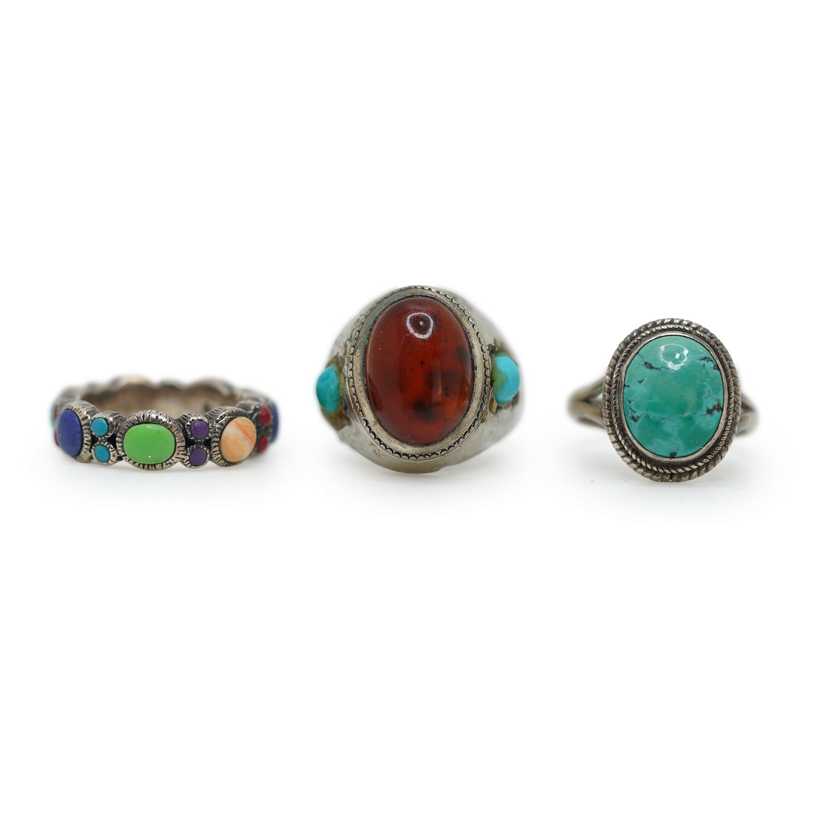 [3] Native American Indian Sterling Silver Rings: Amber and Turquoise Sterling Ring Size 6.5; (1 of 16)