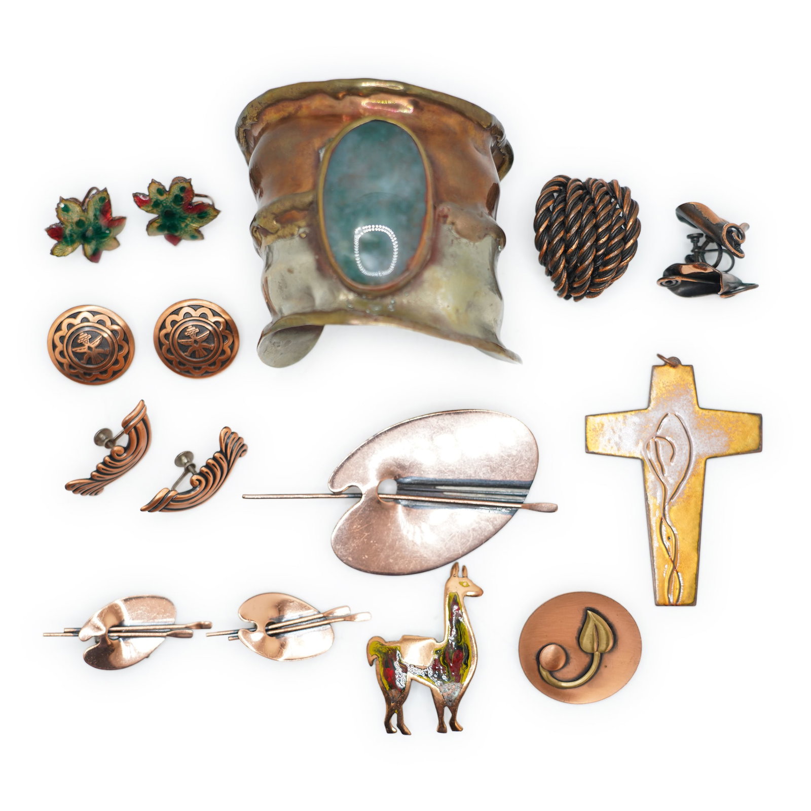 16 Piece Vintage Copper Jewelry Grouping: 4 Pairs Screw Back Earrings; 3 Pc. Painter's Pallet (1 of 14)