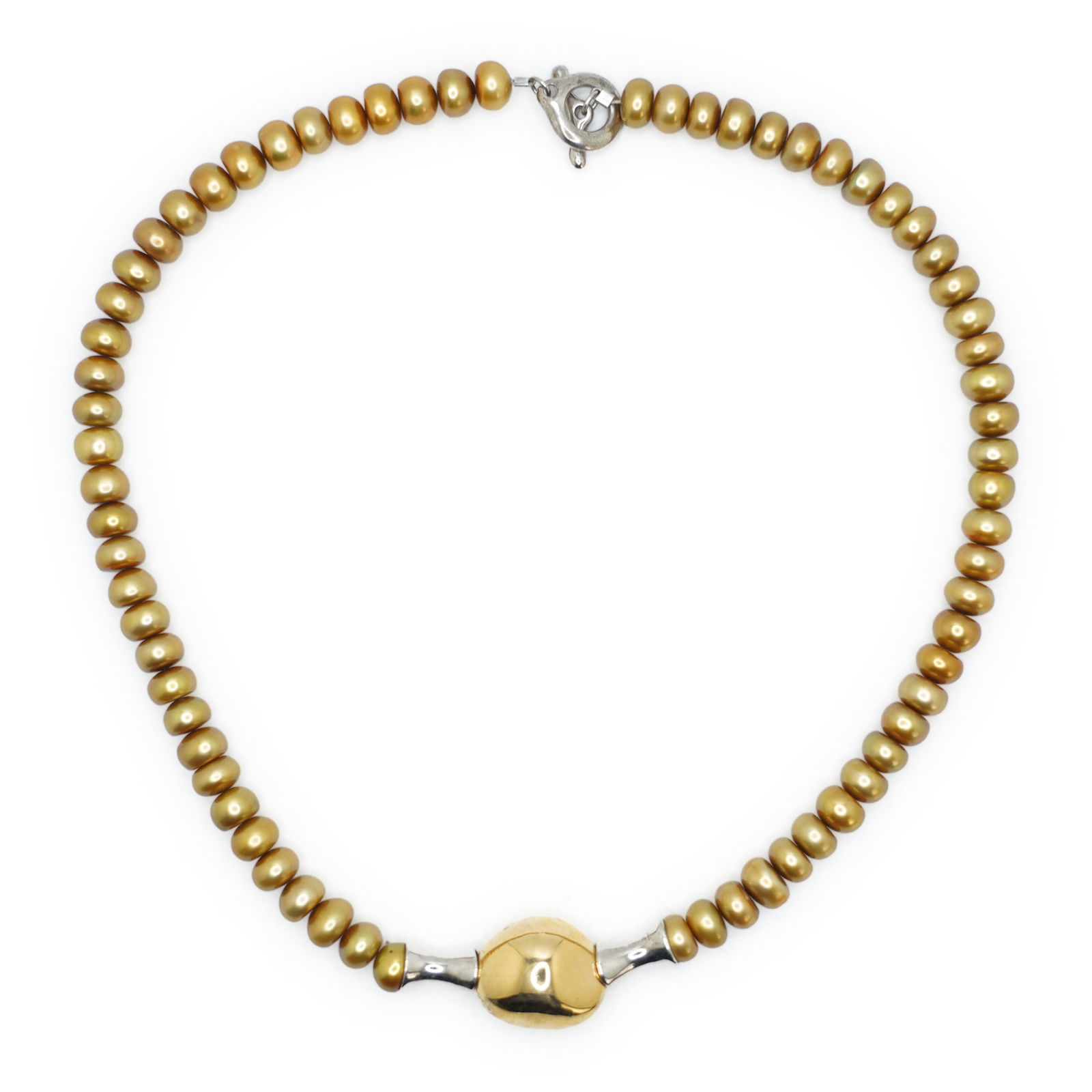 RLM Studios .925 Sterling Toggle Closure Golden Freshwater Cultured Pearls Necklace 18 in.: RLM Studios .925 Sterling Toggle Closure Golden Freshwater Cultured Pearls Necklace 18 in. x 3/4 in.; with Brass Center Pendant.