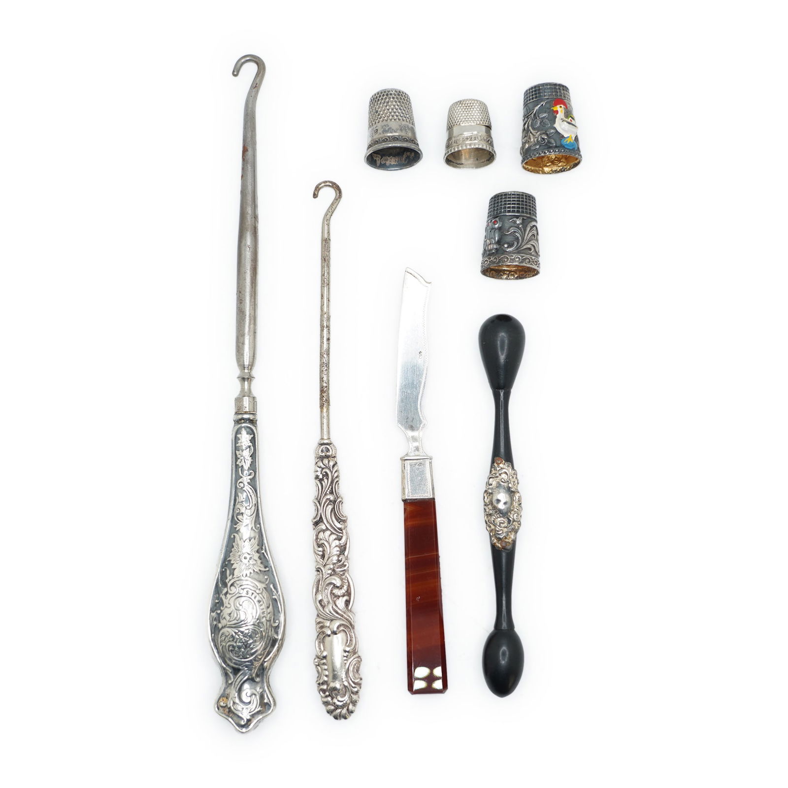 8 Piece Assorted Sterling Silver Sewing Lot: 2 Sterling Silver Handles Knitting Hooks; 4 Thimbles (1 of 10)