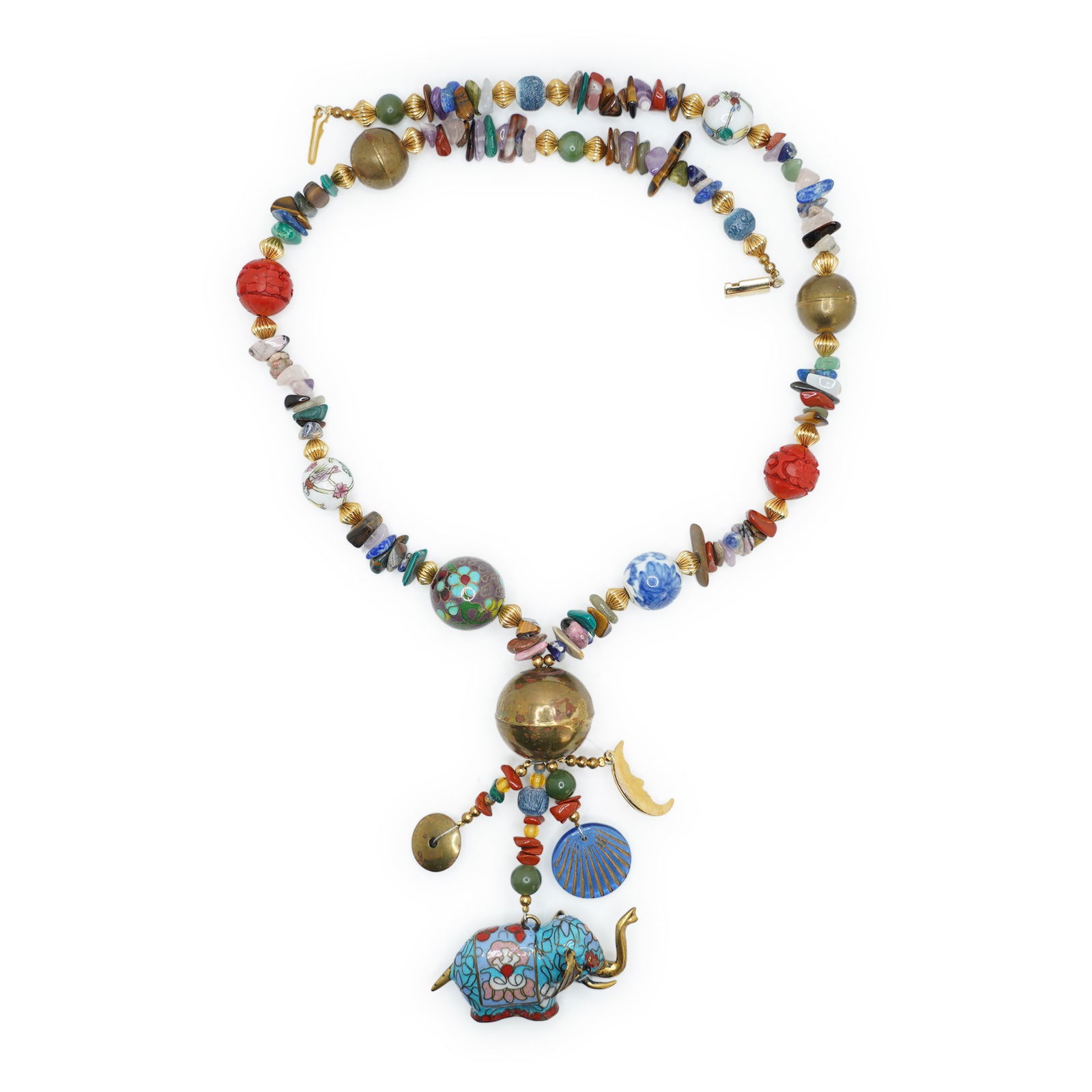 Cloisonnne, Chip Stones, Cinnabar, Blue & White Beads, Necklace with Cloisonne Elephant Pendant (1 of 8)