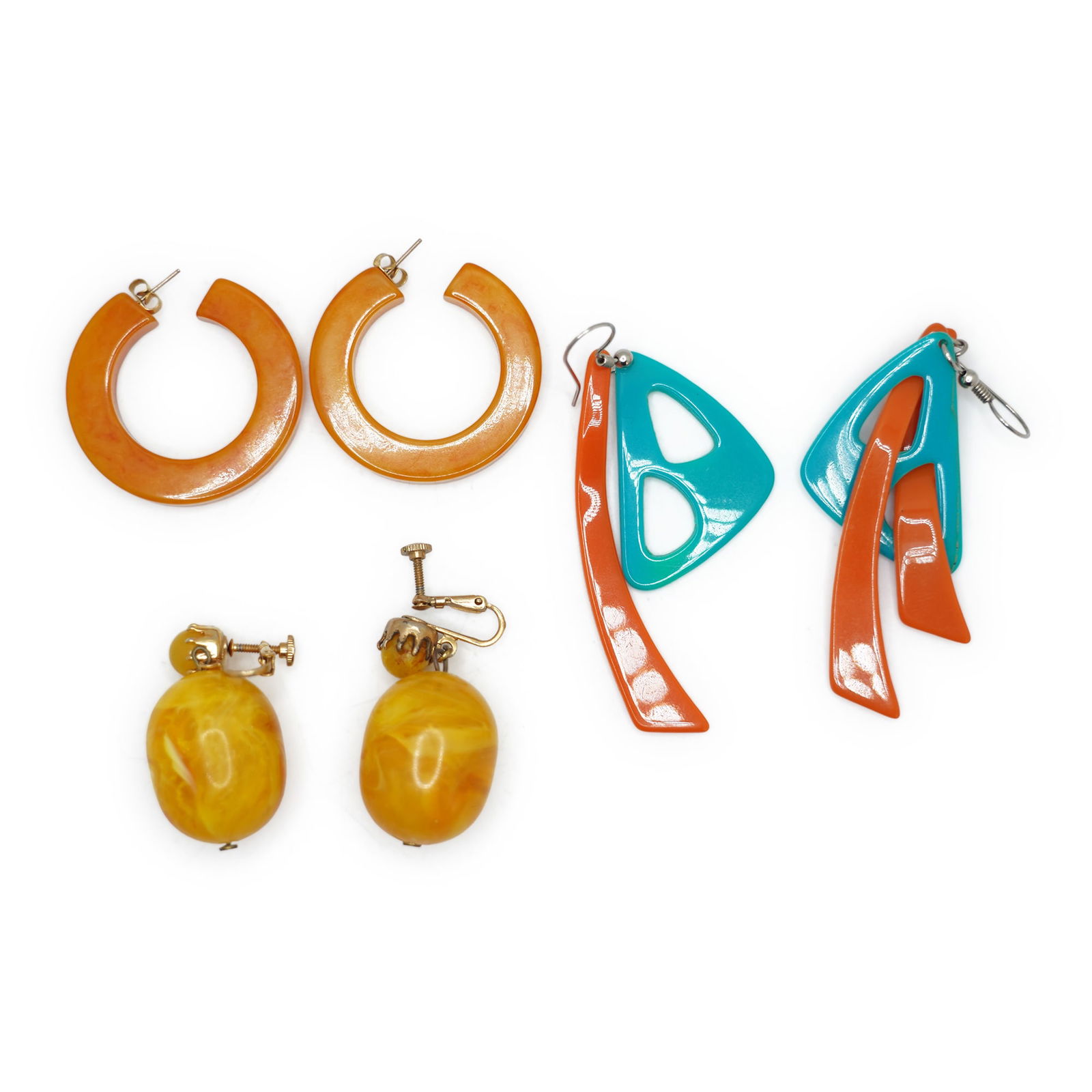 3 Assorted Pairs Vintage Earrings: Bakelite Hoops 1 1/2 in. diameter; Turquoise & Orange Drop (1 of 10)