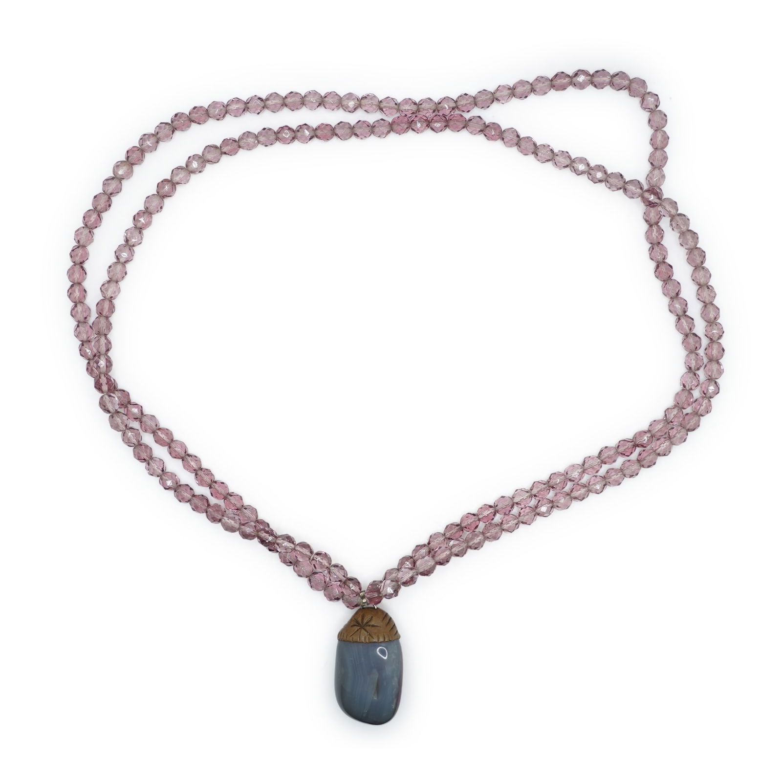 4-Strand Purple Glass Beads Necklace with a Large Amethyst Stone Pendant 28 in. x 2 in. x 1 1/8 in. (1 of 8)