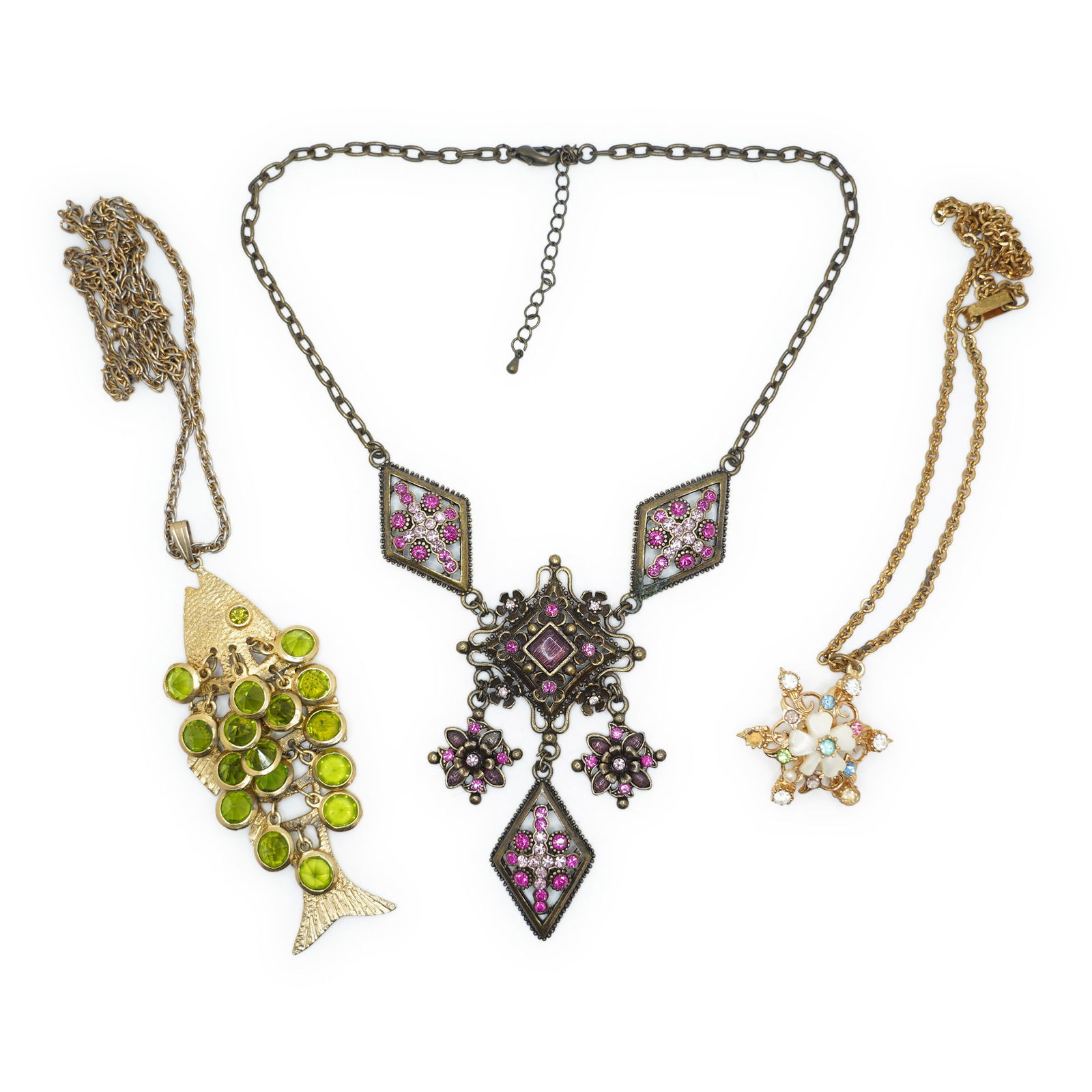 3 Assorted Gold Tone Fish Pendant Necklace 24 in. Chain; Bronze Tone with Pink Rhinestones (1 of 16)