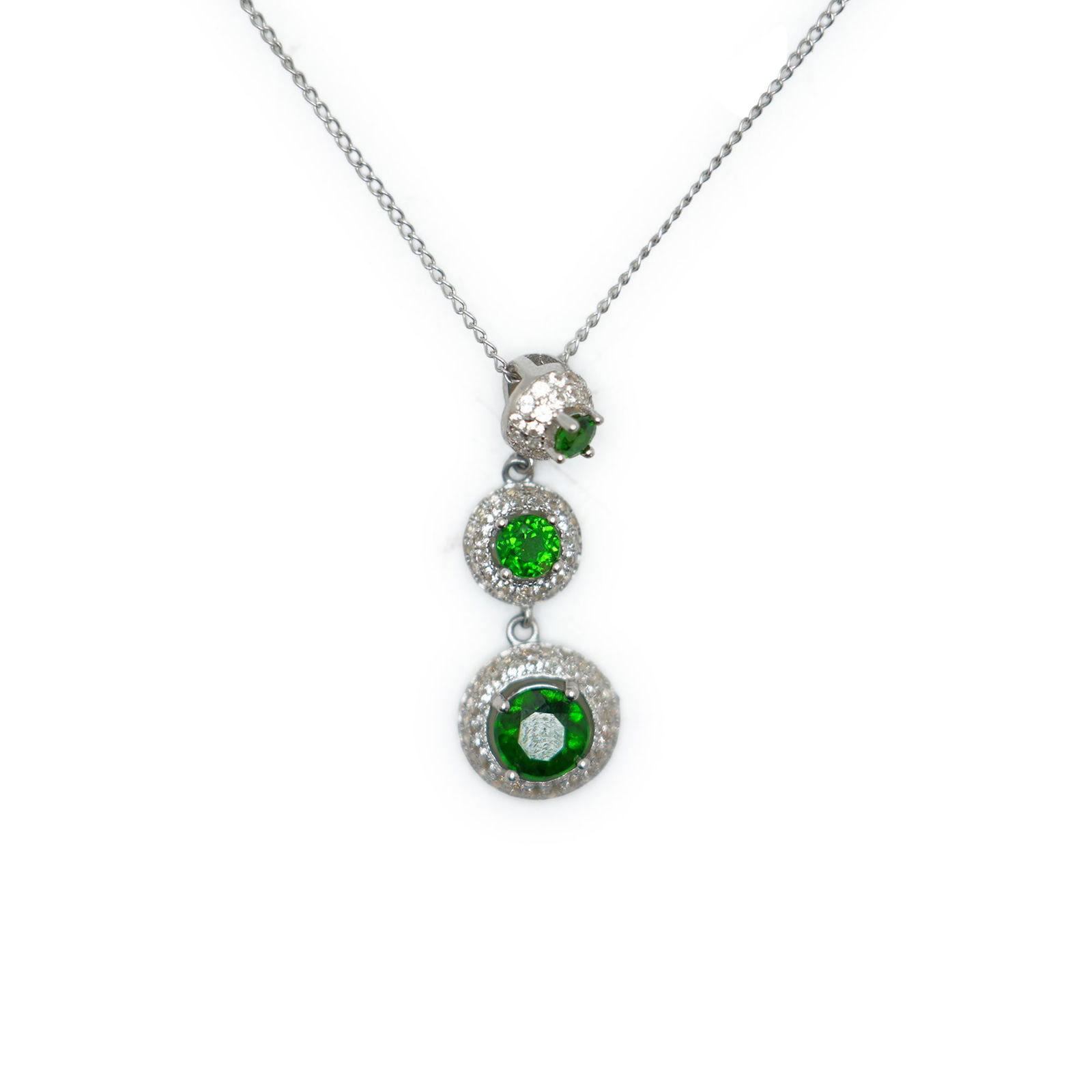.925 Sterling Silver 3-Genuine Emeralds Surrounded by White Topaz Pendant Necklace Sterling 16 in. (1 of 9)
