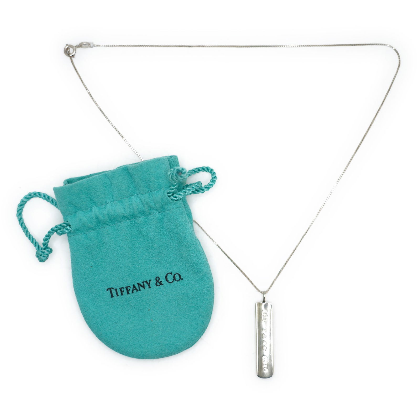 TIFFANY & CO, T & Co, .925 Sterling Silver 1837 Bar Pendant Necklace on .925 Italy Box Chain 18 in. (1 of 8)