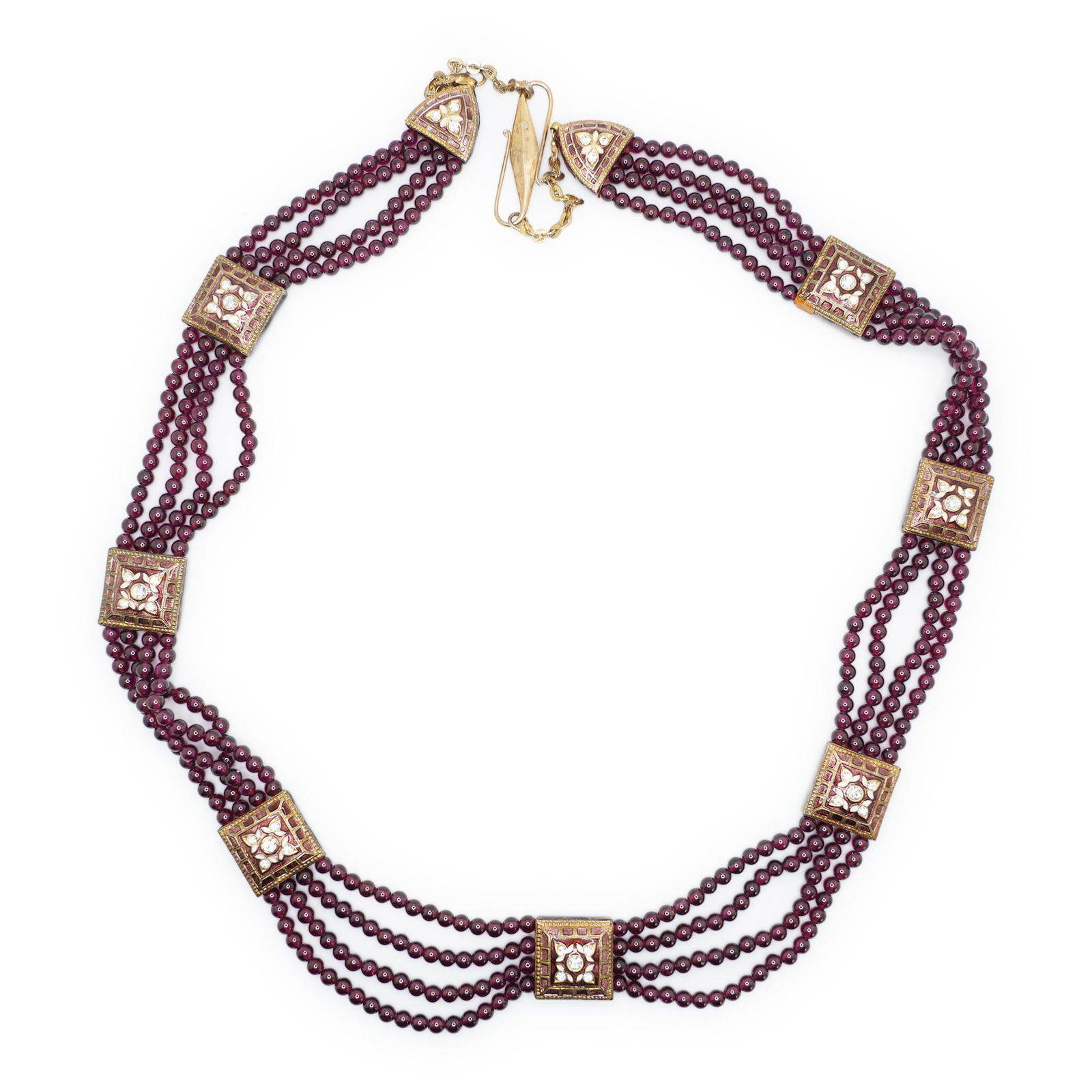 4-Strands Genuine Garnet Beads with Enameled Panels, CZ Necklace Signed 29 in. x 3/4 in. (1 of 13)