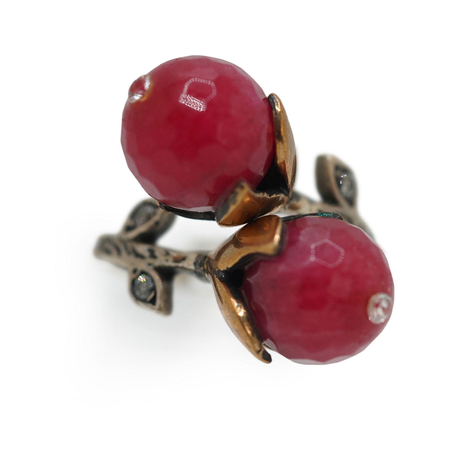 .925 Sterling Silver with Vermeil Leaves, Two Ruby Buds, CZ, Ring Size 7 [sizeable] 1 in. x 3/4 in. (1 of 8)