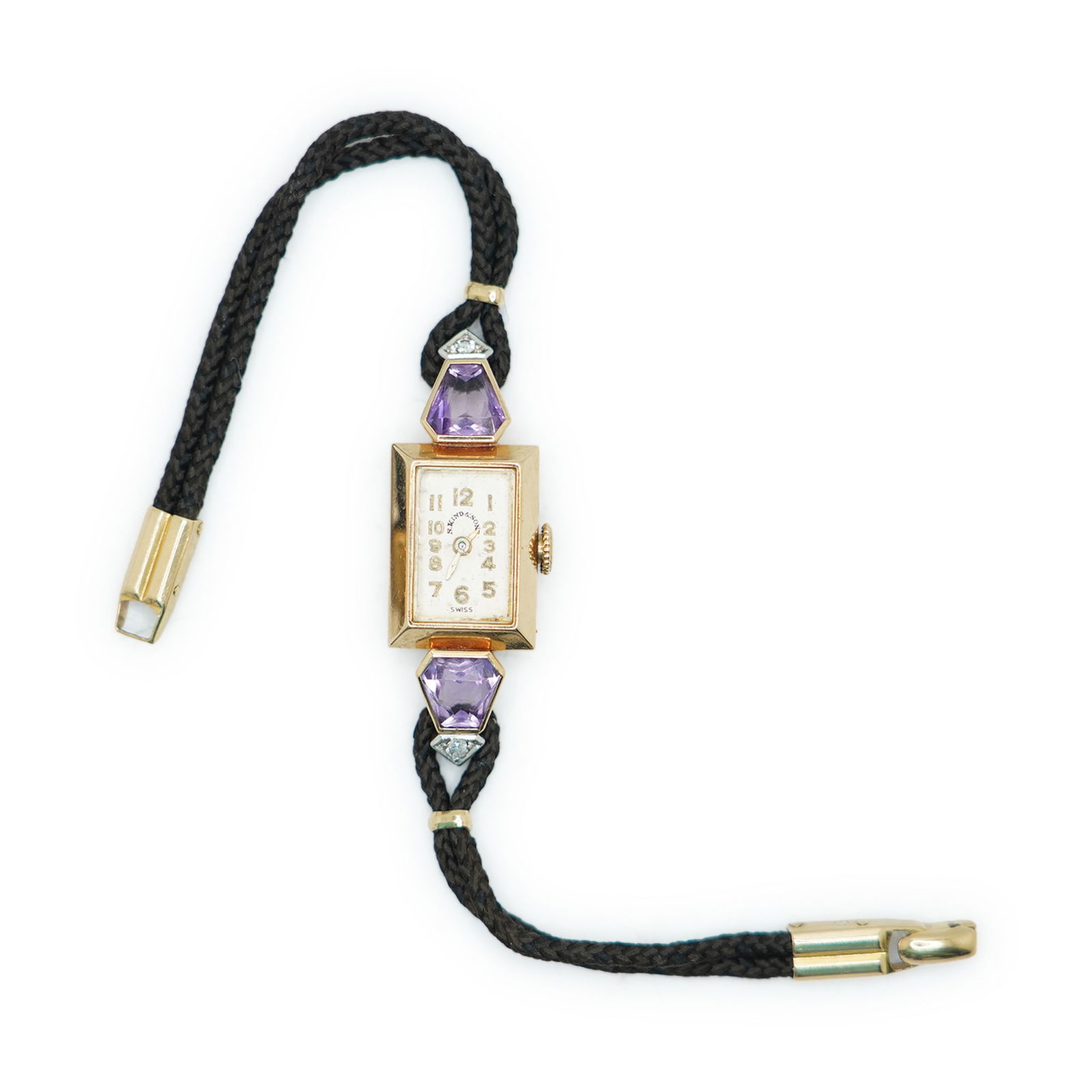 14K Gold with Purple Amethyst and Diamonds Ladies Wristwatch, Working, 14K Band Closure: 14K Gold with Purple Amethyst and Diamonds Ladies Wristwatch, Working, 14K Band Closurem A, Kind & Sons; Size: 6 1/2 in. x 1 1/2 in. x 1/2 in.