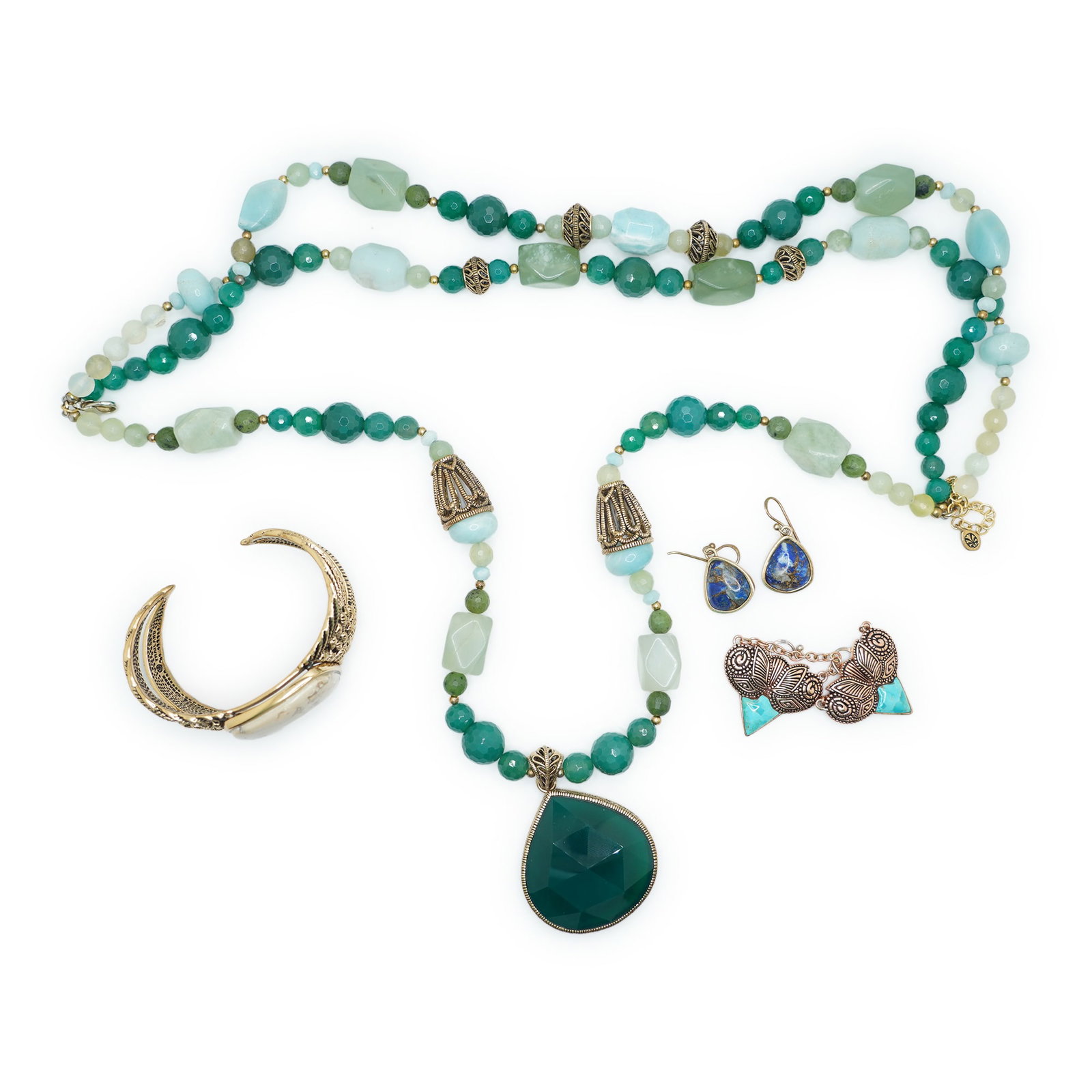 Barse Gold Tone Cuff Bracelet with Creme Color Stone; Barse Logo 3-Strand Green Glass Quartz &: Barse Gold Tone Cuff Bracelet with Creme Color Stone 2 3/4 in. x 2 1/4 in. ; Barse Logo 3-Strand Green Glass Quartz & Turquoise Necklace 16 1/2 in. x 2 1/4 in. x 1 3/4 in. ; .925 Sterling Barse Drop E