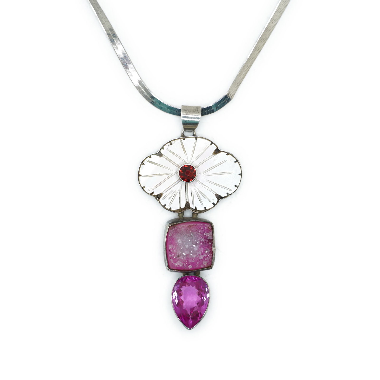 .925 Sterling Silver MOP, Amethyst, Geode and Pink ? Tests Diamond Necklace .925 Herringbone Chain (1 of 9)