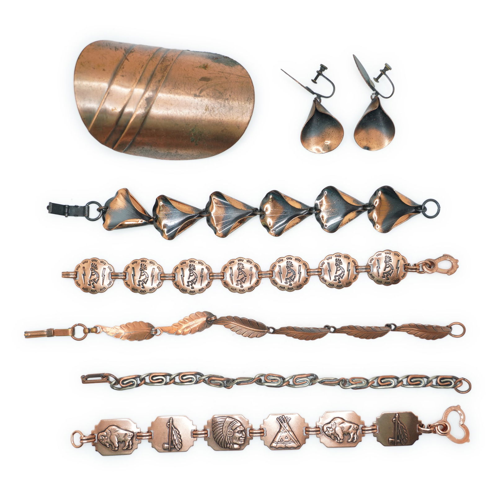 Vintage Copper Jewelry 8 Pieces: [5] Copper Bracelets, Pair Matching Earrings, 1 Large Barrett (1 of 17)