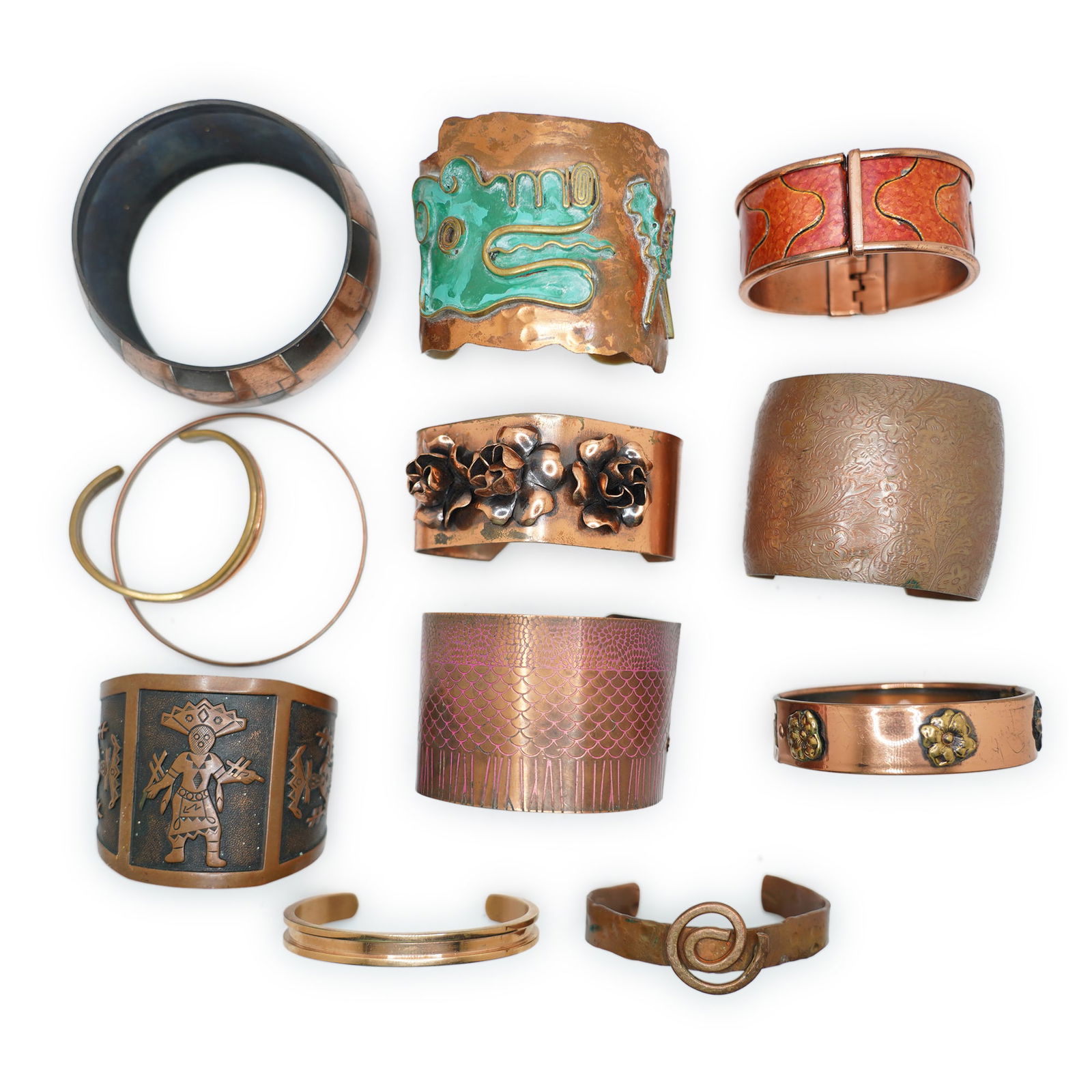 12 Assorted Vintage Copper Jewelry Cuff and Bangle Bracelets , Sizes Range 3 1/4 in. x 1 1/2 in. to (1 of 13)
