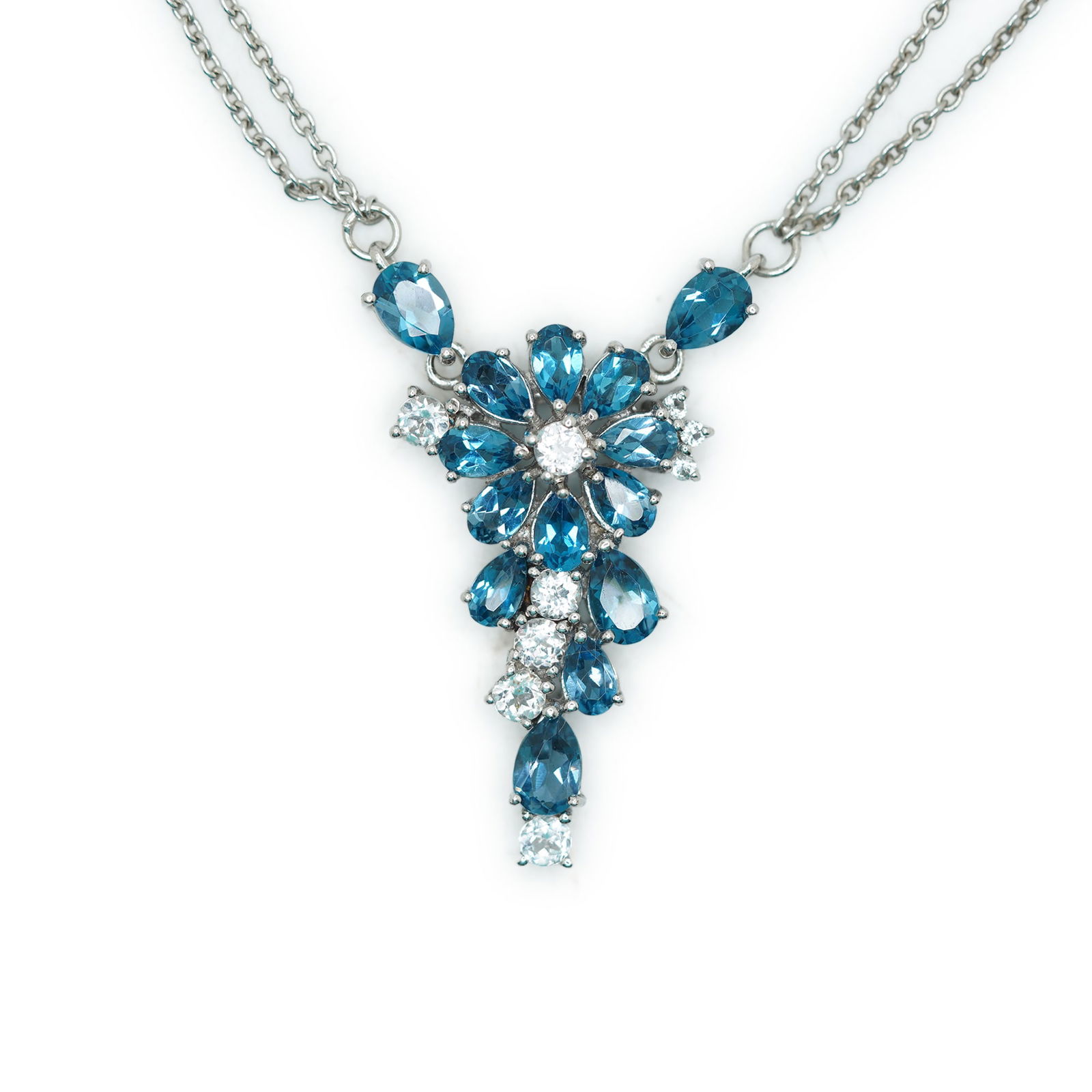 Beautiful .925 Sterling Silver Blue and White Topaz Pendant Necklace on .925 Double Chains 17 in. (1 of 12)