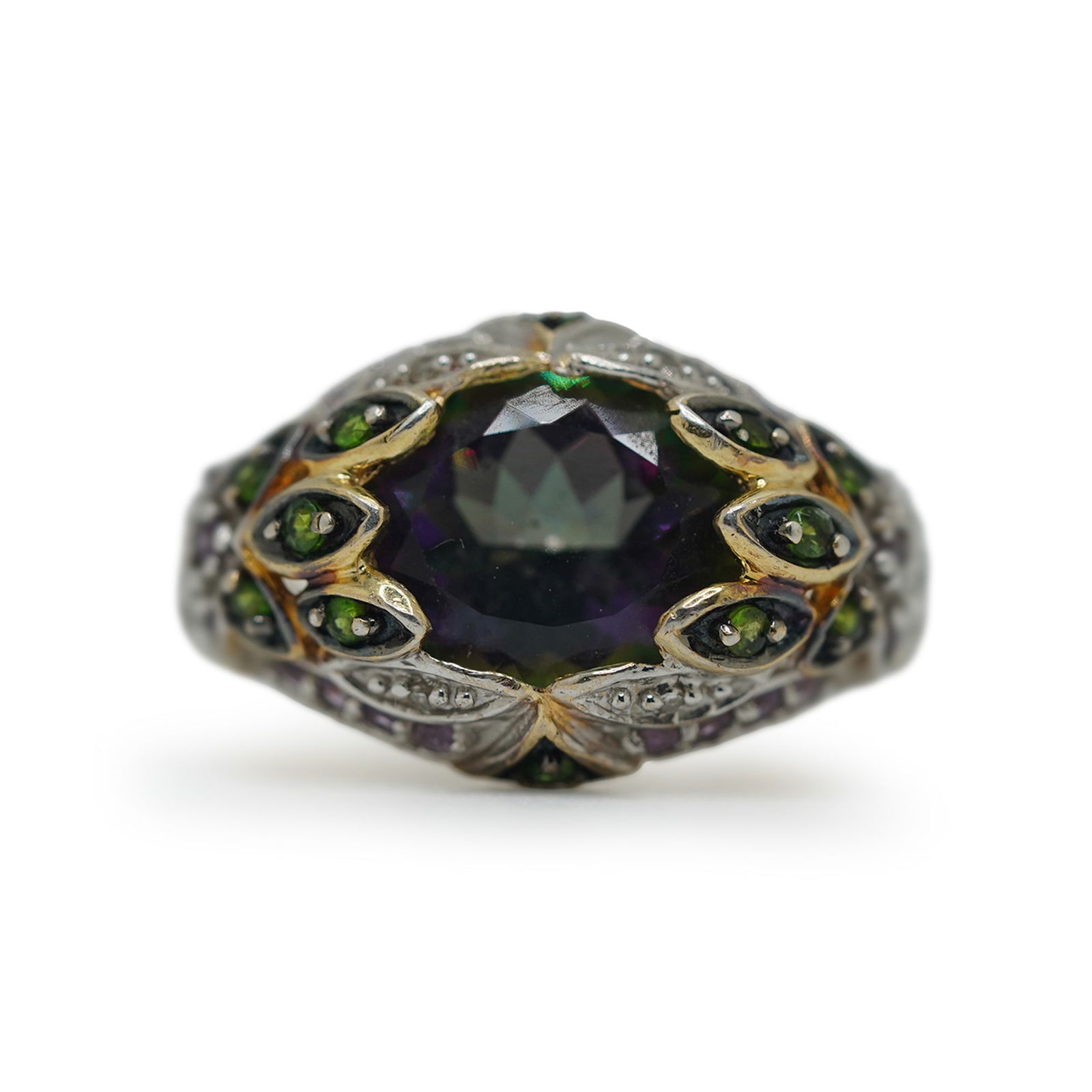 Stunning .925 Sterling Silver Mystic Topaz with 10 Emeralds Ring Size 6.5 , 1 in. x 5/8 in. (1 of 8)