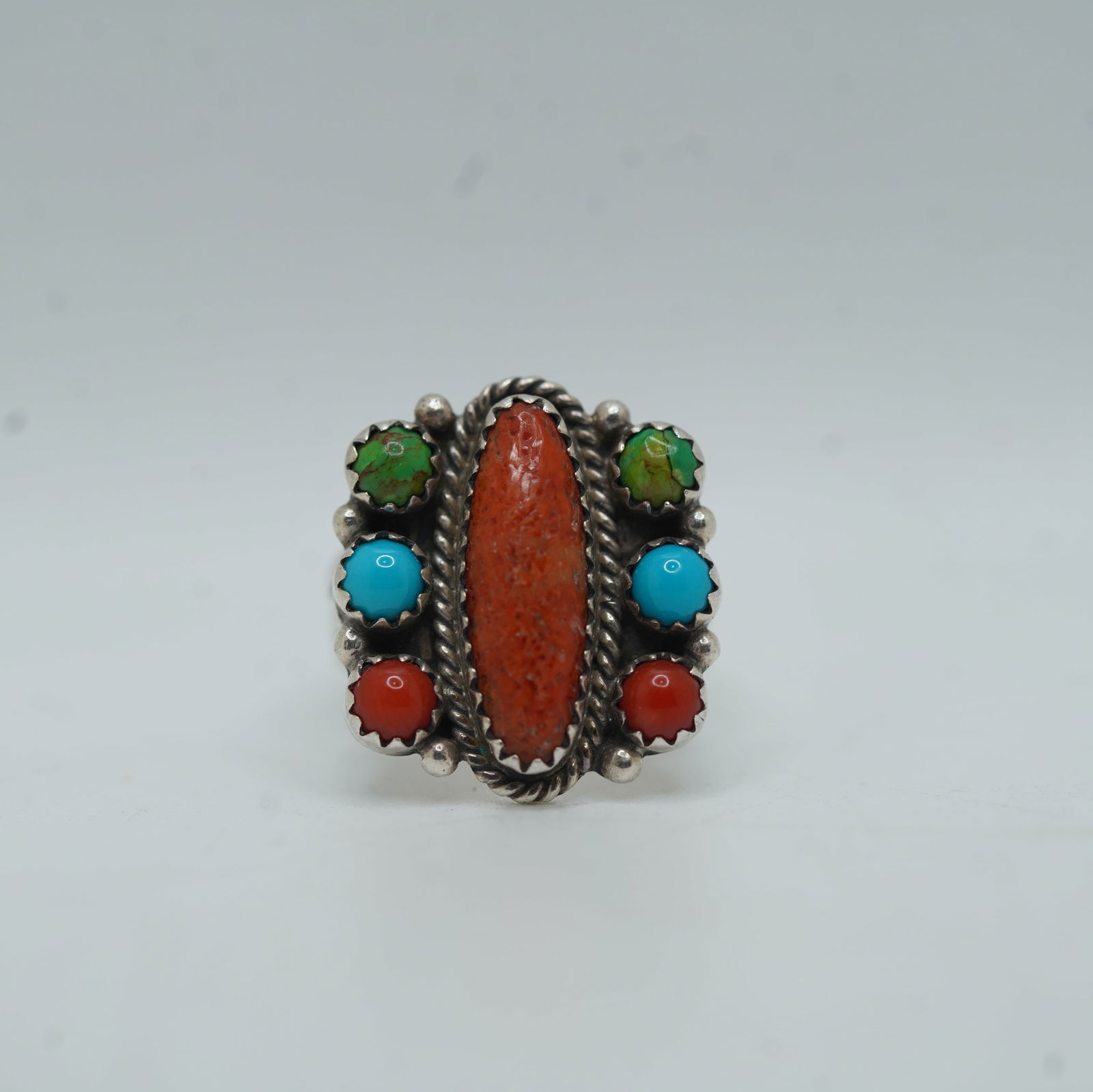 .925 Sterling Silver R.B. Native American Indian Sterling Silver Ring Size 7.5 Turquoise & Coral (1 of 8)