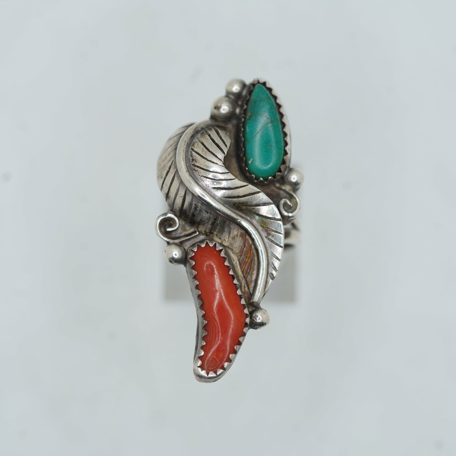 Sterling Silver Native American Indian Ring Size 5.5 with Turquoise and Coral Staves Inlaid (1 of 8)