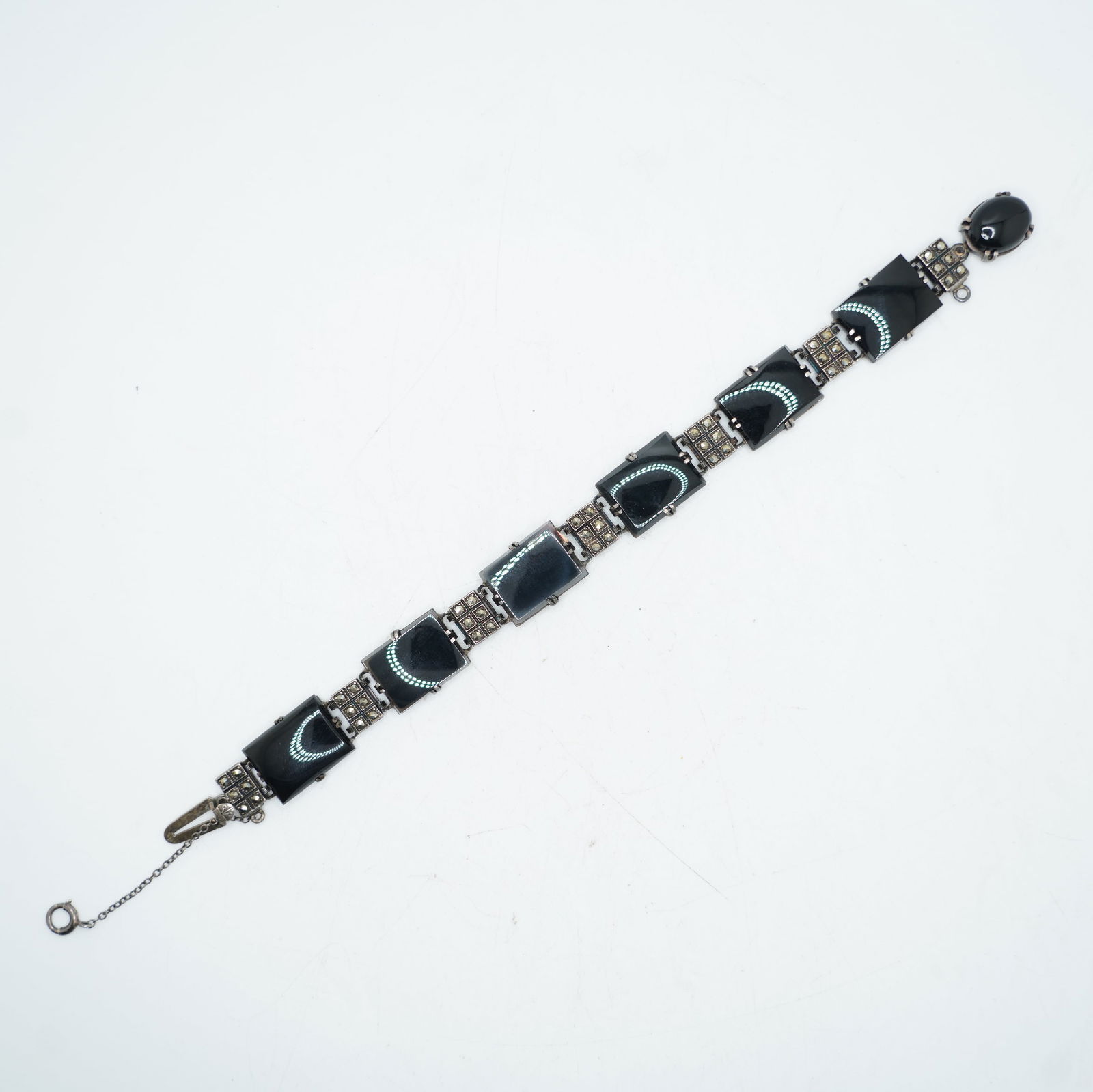 Sterling Silver ART DECO Black Onyx Panels and Marcasites Bracelet 7 in. x 1/2 in.: Sterling Silver ART DECO Black Onyx Panels and Marcasites Bracelet 7 in. x 1/2 in.