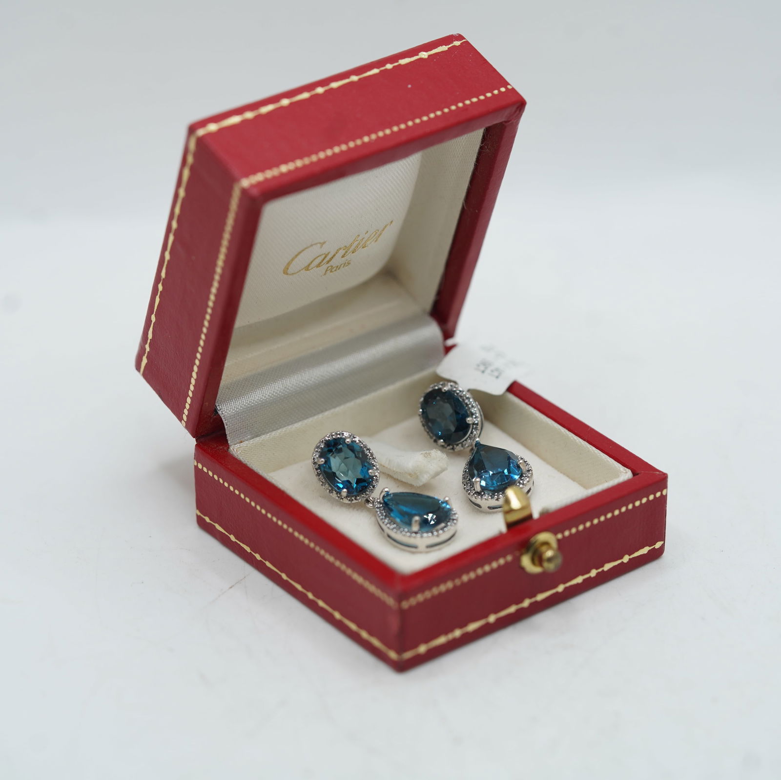 .925 Sterling Silver Double Stones Blue Topaz and Diamonds Drop Earrings Pierced 1 1/8 in. x 1/2 in. (1 of 11)