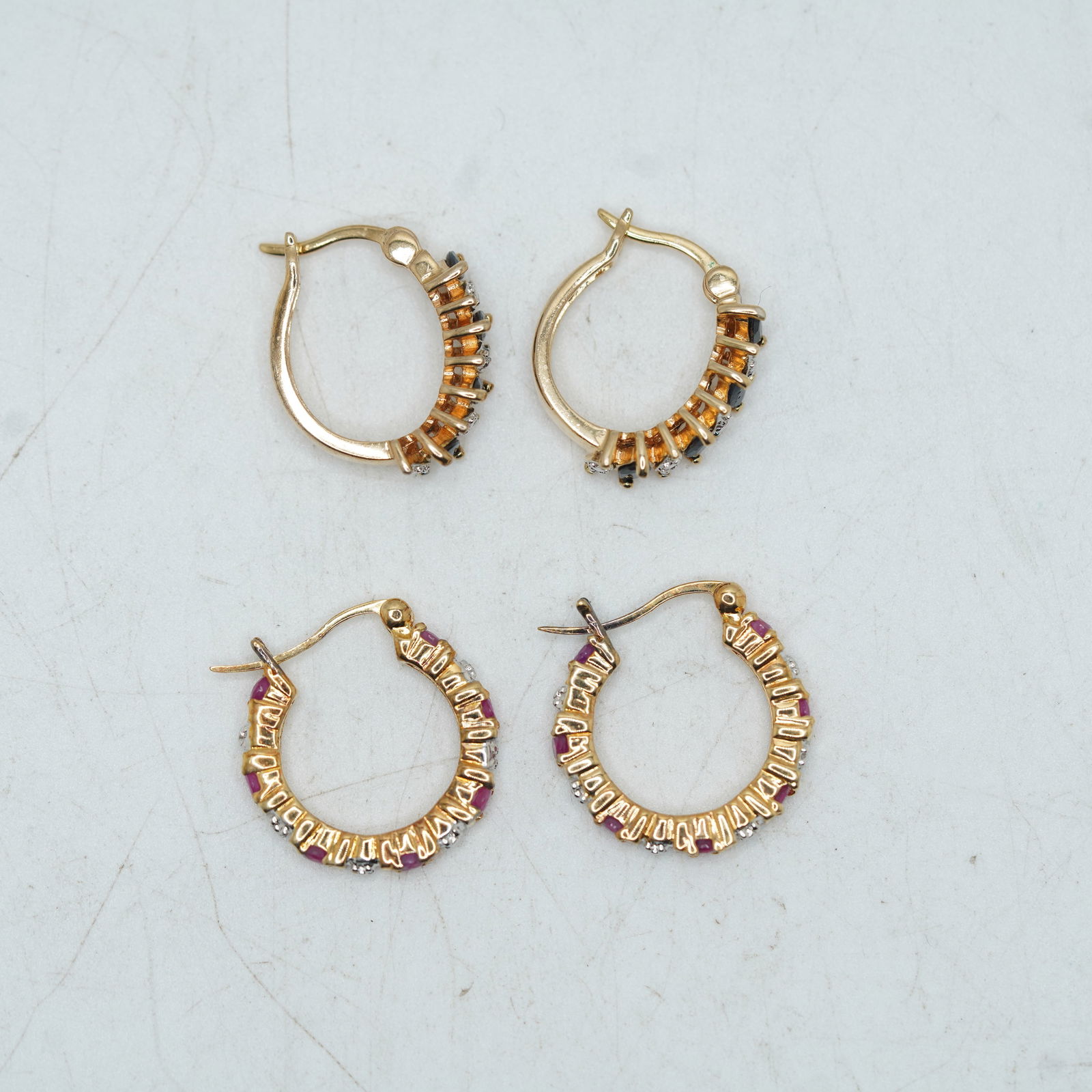 .925 Sterling Silver Gold Vermeil 2 Pairs Ruby Hoop Earrings & Sapphire and Diamond Hoop Earrings (1 of 8)