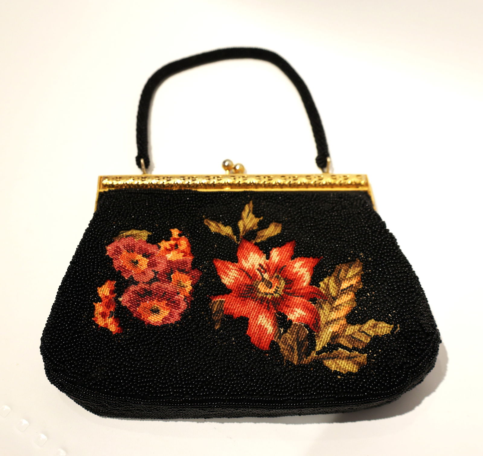 Vintage Black Beaded Purse with Floral Design, 8 in. x 5 3/4 in. (1 of 4)