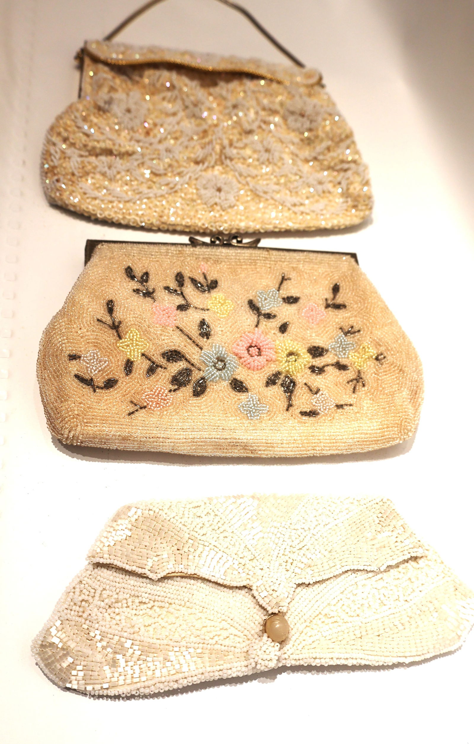 3 Assorted Vintage White Beaded Purses 8 1/2 in. x 3 1/4 in.; 5 in. x 8 1/2 in., 6 in. x 8 1/2 in. (1 of 6)