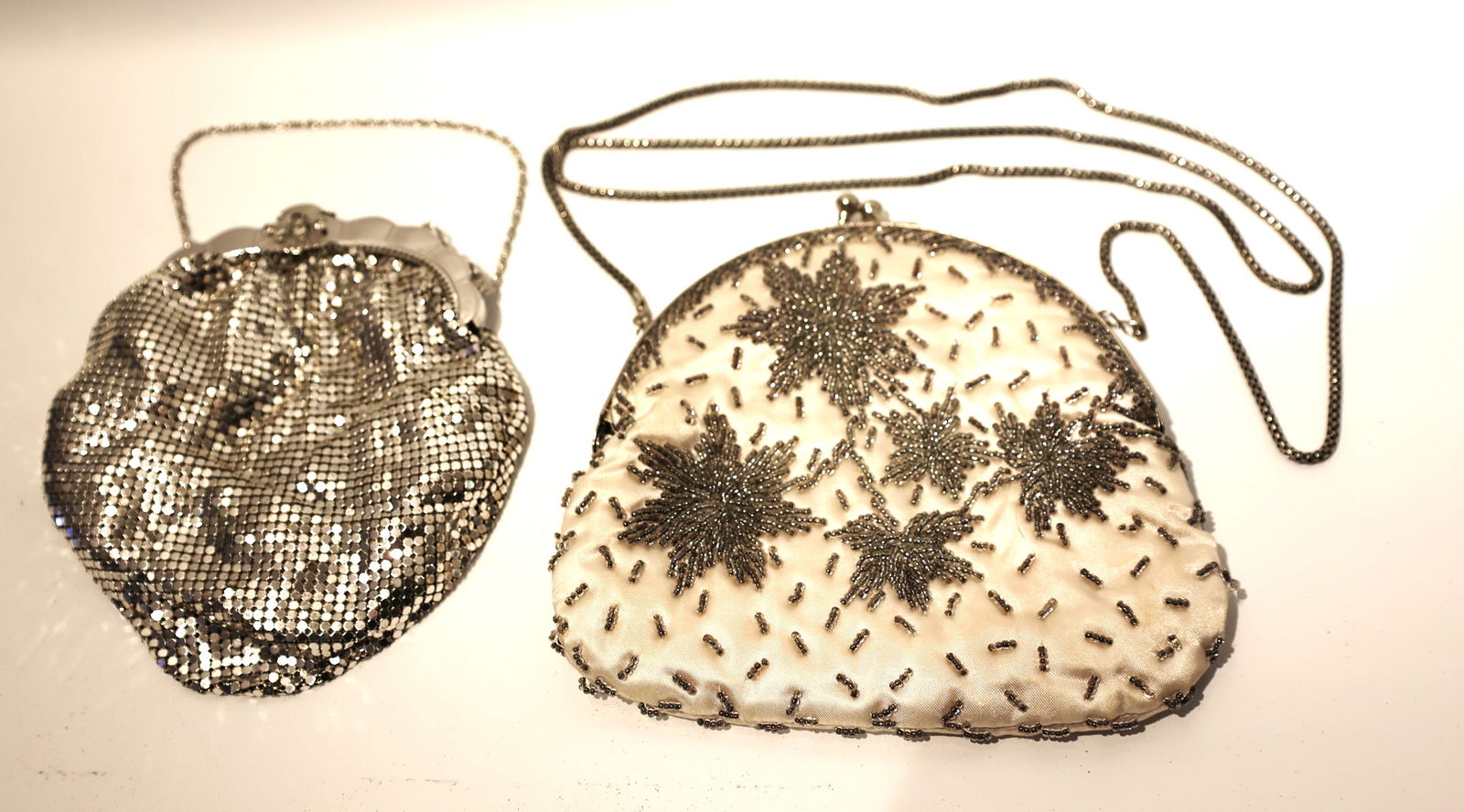 2 Vintage Clutch Purses, Duramesh Silver Tone 6 in. x 6 in. ; Silver Beaded Purse 6 3/4 in. x 6 in. (1 of 6)