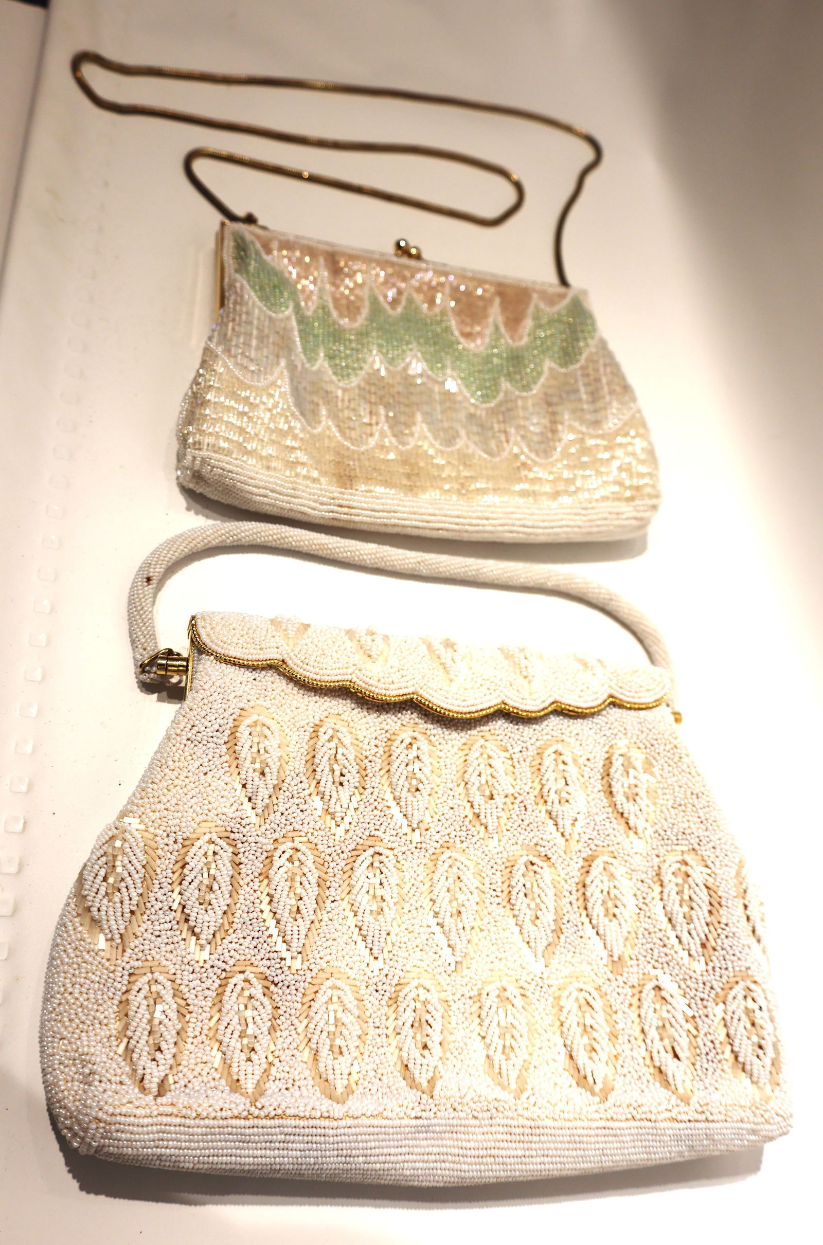 2 Vintage White Beaded Purses, 8 in. x 5 1/2 in. ; 9 in. x 6 1/2 in. (1 of 5)