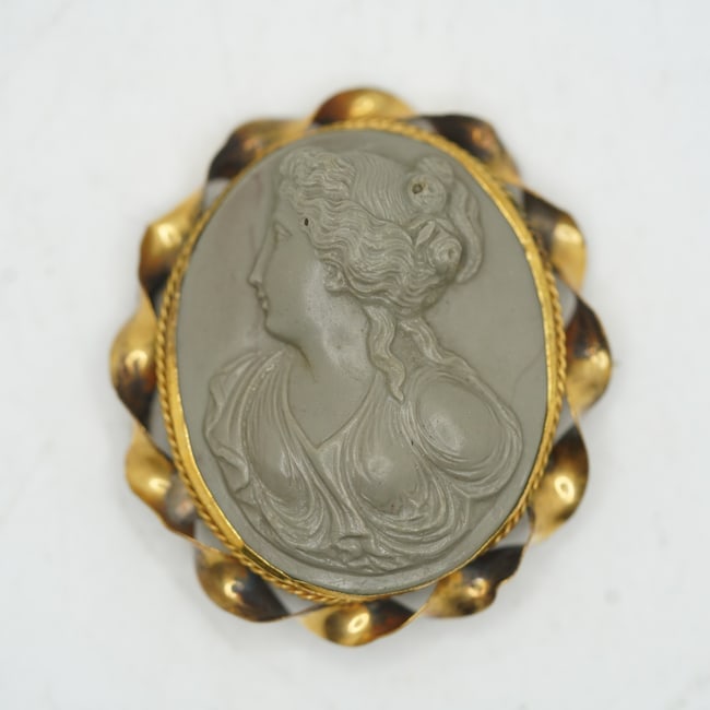 Circa 1860s Grey Gutta Percha Woman Portrait Cameo Pin Incased in a Gold Filled Frame (1 of 9)