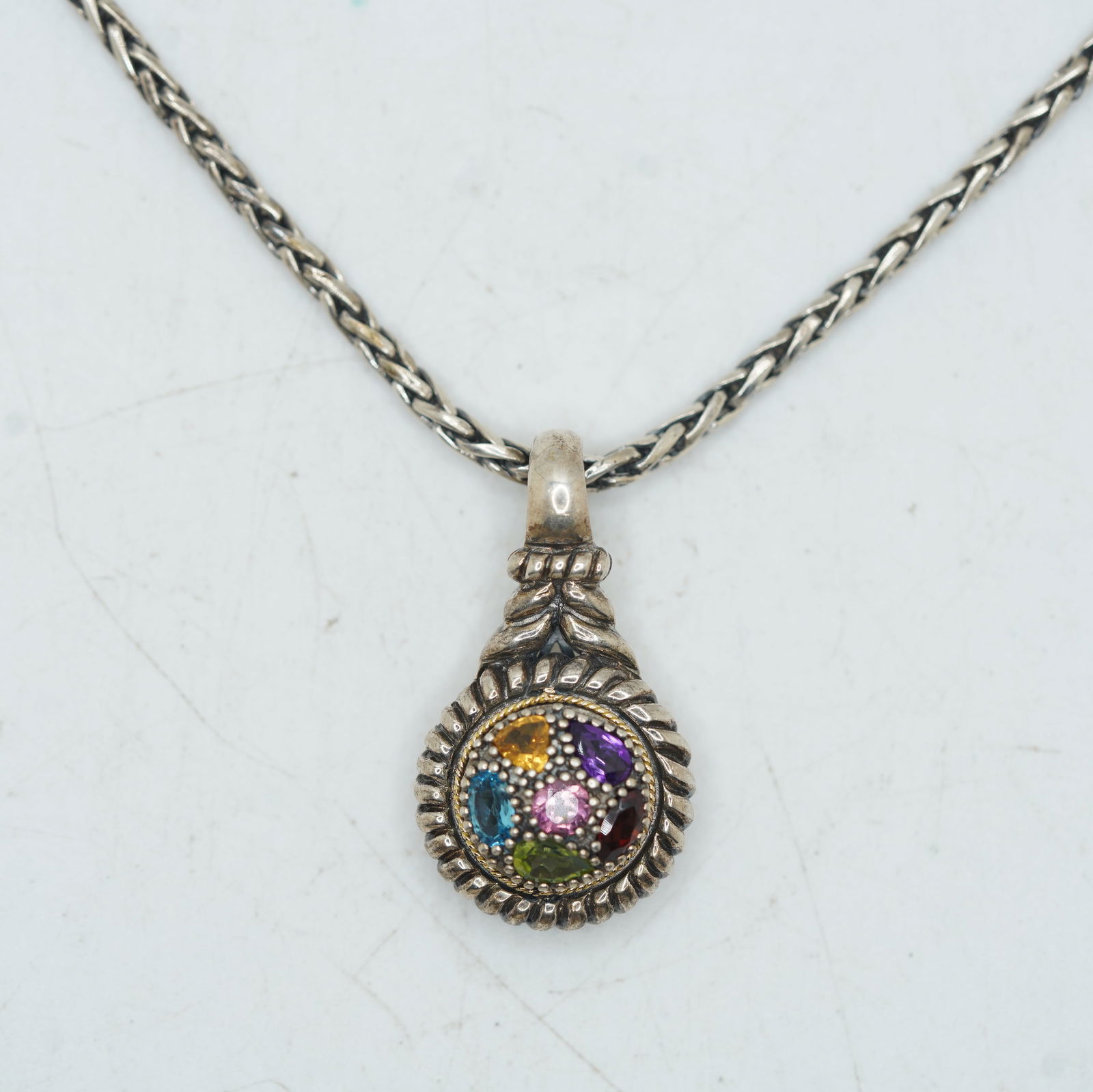 15.01 DWT, 18K Gold and .925 Sterling Silver Pendant BH with Purple Amethyst, Citrine, Peridot,: 15.01 DWT, 18K Gold and .925 Sterling Silver Pendant BH with Purple Amethyst, Citrine, Peridot, Blue Topaz and Garnet Necklace on a .925 Sterling Silver BH EFFY 18 inch Braid Chain.