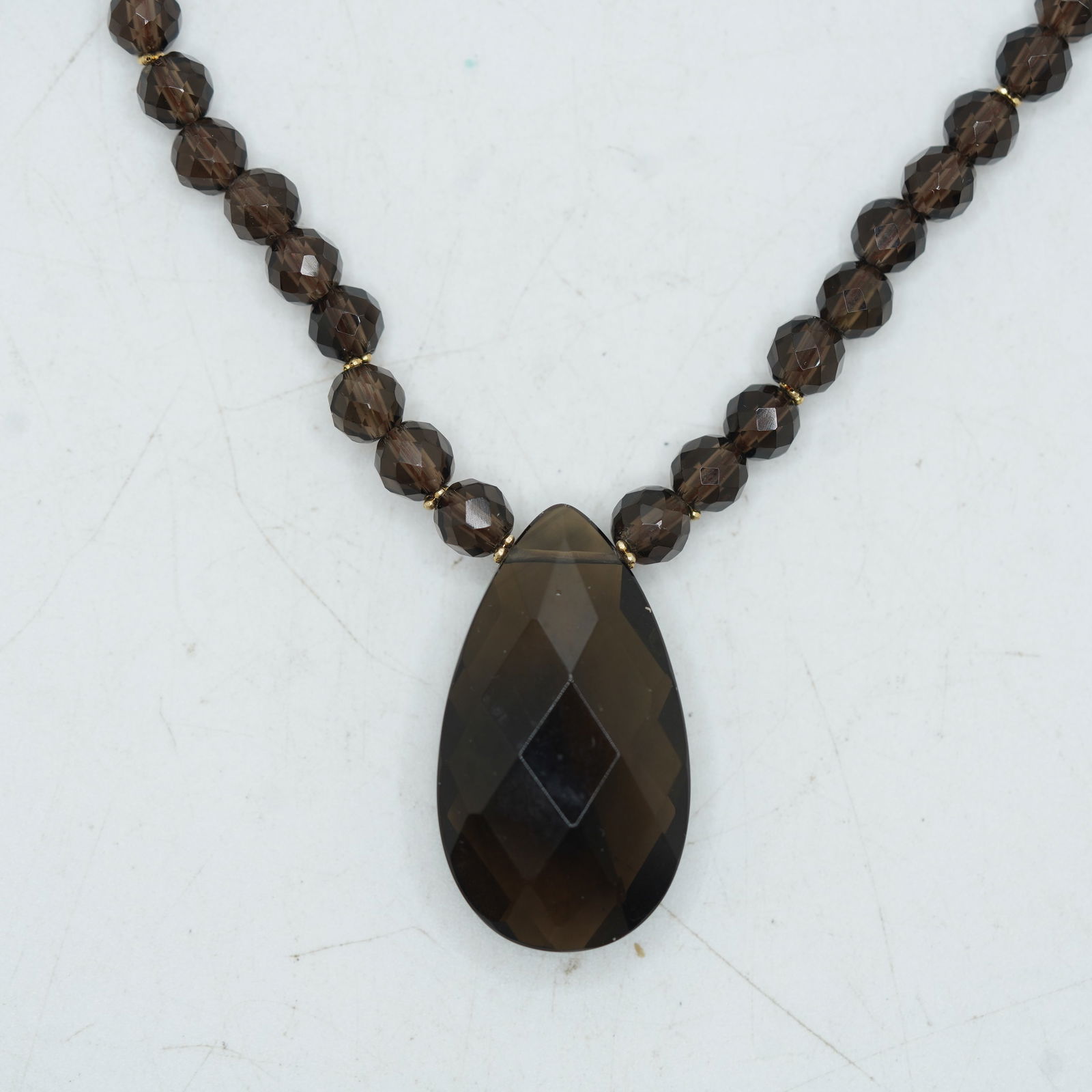 14K Gold Clasp and Spacers Smokey Citrine Beads and Pendant Necklace 36 in. x 1 1/2 in. x 7/8 in.: 14K Gold Clasp and Spacers Smokey Citrine Beads and Pendant Necklace 36 in. x 1 1/2 in. x 7/8 in.