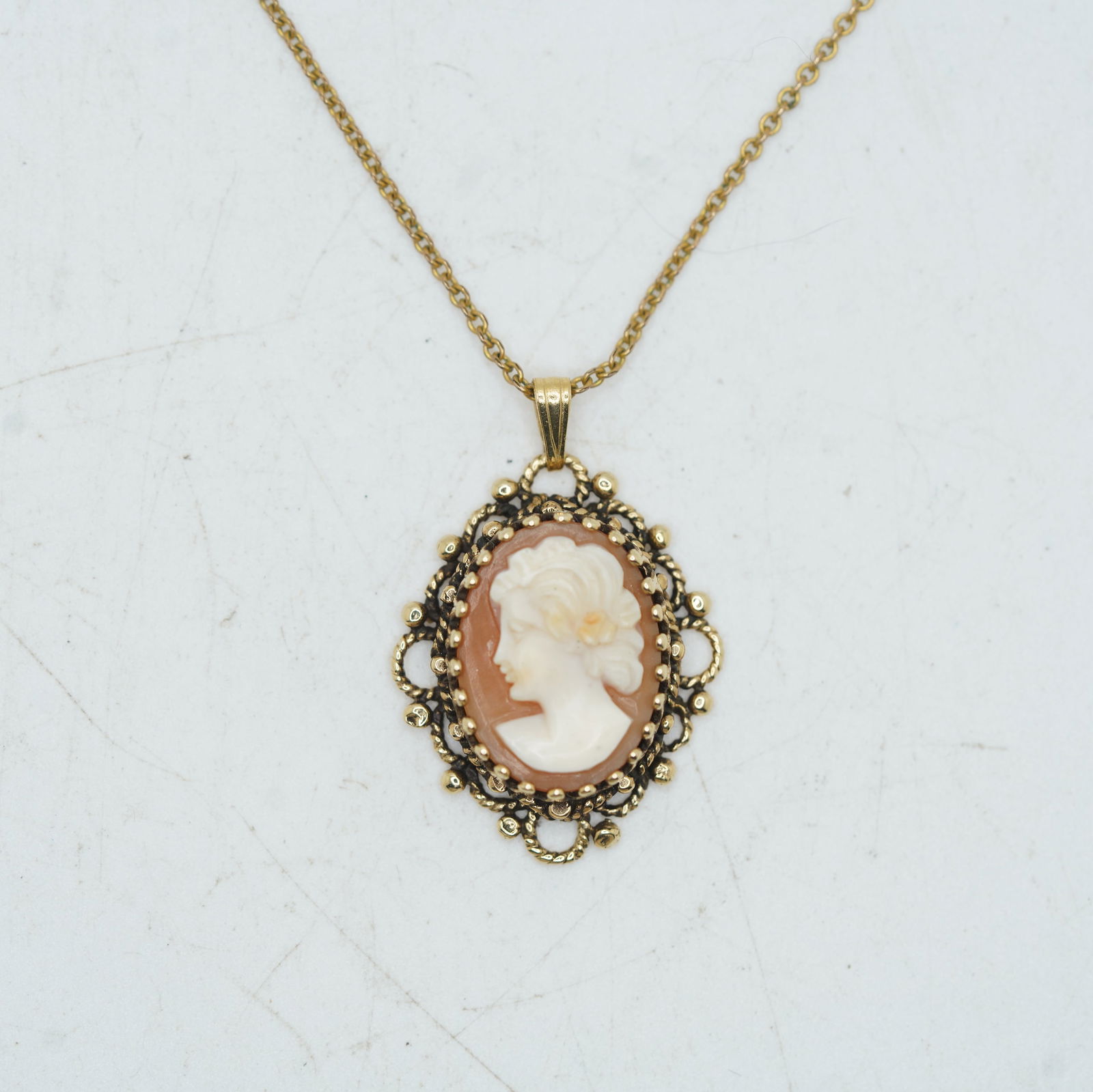3.31 DWT, 14K Gold Athena Cameo Pendant Necklace Circa 1890s, on 12K GF 18 inch Chain (1 of 9)