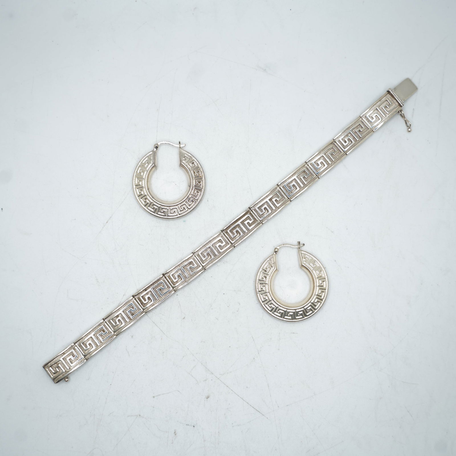 28.80 Grams .925 Sterling Silver Greek Links Bracelet & .925 Sterling Greek Design Earrings (1 of 16)