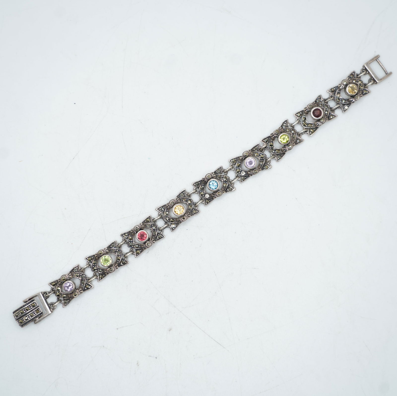 23.52 Grams .925 Sterling Silver With Pink Amethyst, Peridot, Garnet, Blue Topaz, Citrine Btracelet: Purple Amethyst Chunky Bo-Ho Necklace 38 Inches Length x 1 1/8 Inch. Size 7 1/2 in. x 1/2 in.