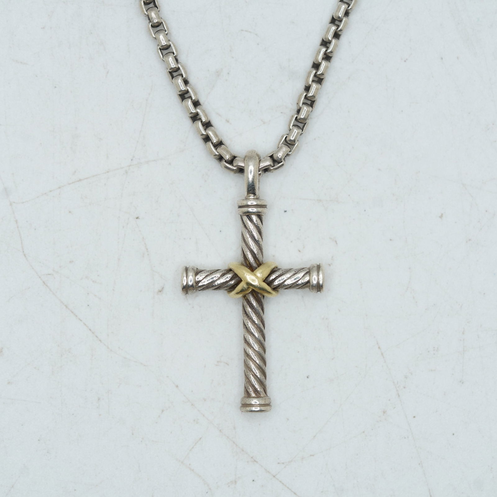 12.31 DWT, .925 Sterling Silver and 750 [18K Gold] Religious Cross Necklace on .925 Sterling 20 in.: 12.31 DWT, .925 Sterling Silver and 750 [18K Gold] Religious Cross Necklace on .925 Sterling 20 in. Chain. cross size 3/4 in. x 1 1/8 in.